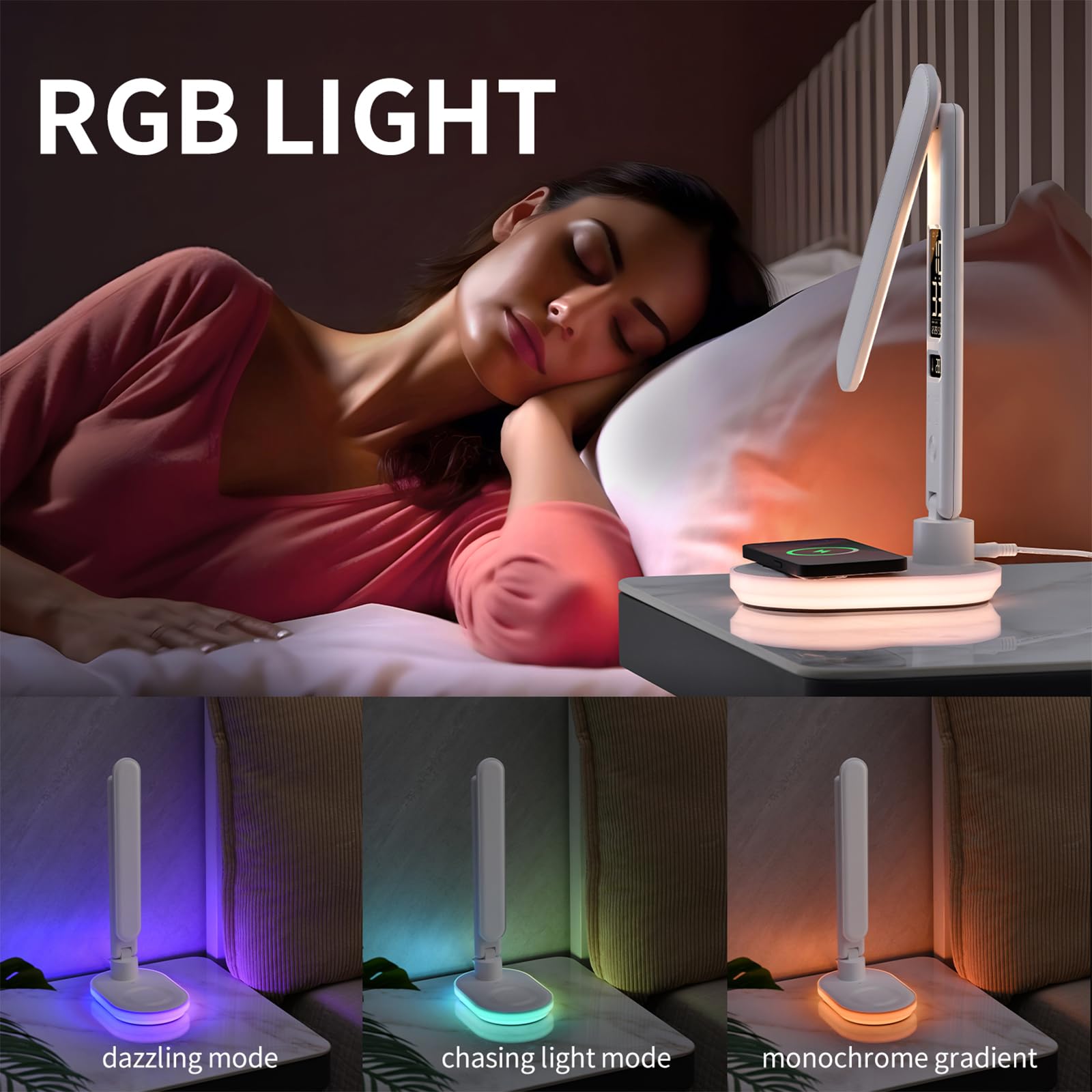 Morwealth LED Desk Lamp with 10W QI Wireless Charging, Flexo Table Lamp with 3 Colors and 5 Brightness Levels with Charging Func