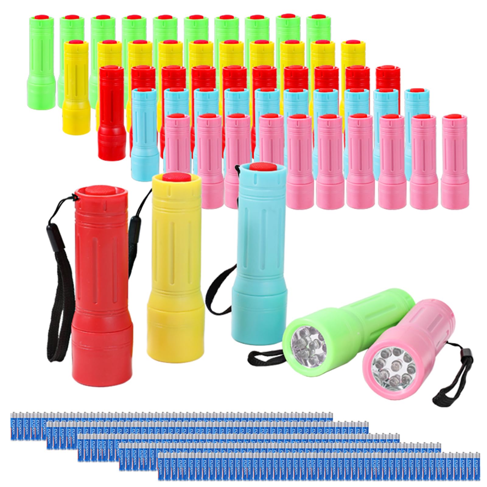 Hilngav 50 Pack 9-LED Mini Flashlight Bulk, Small Multicolor Flashlights with Lanyard, Batteries Included, for Hurricane Supplie