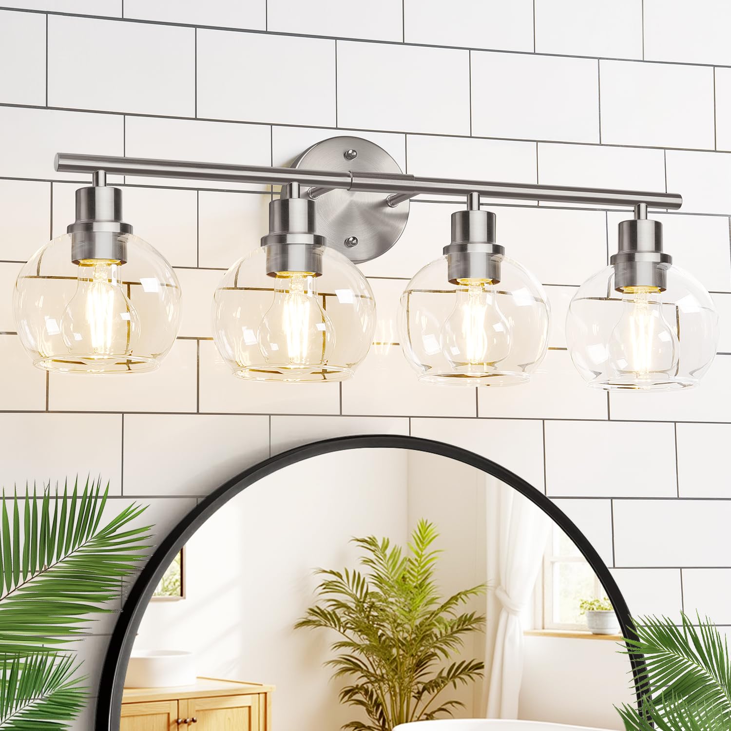 Indoi 4-Light Bathroom Light Fixtures, Brushed Nickel Modern Vanity Lights Over Mirror With Clear Glass Globe Shade, Bathroom Wa