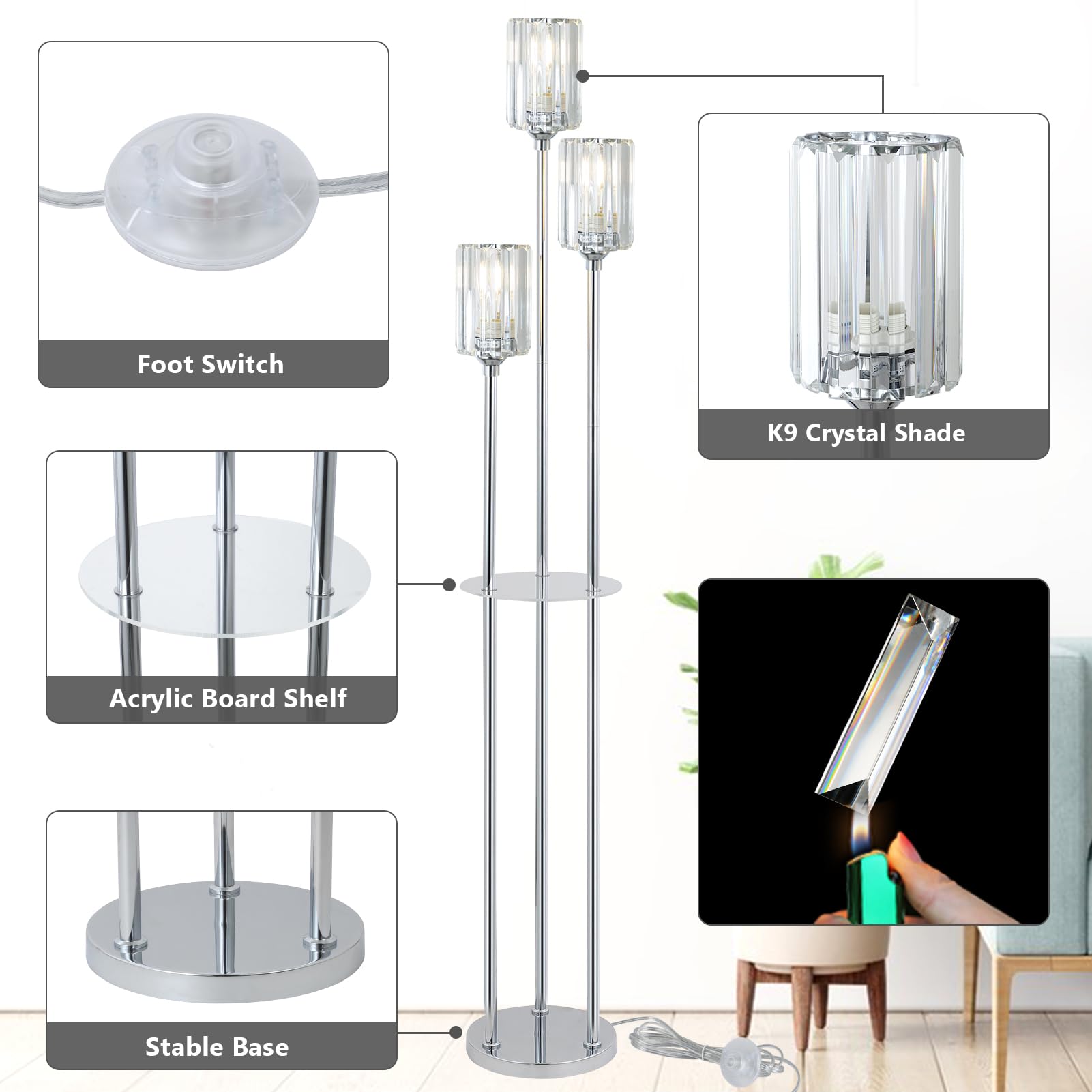 HMVPL Modern Crystal Floor Lamp with Shelves, 3-Lights, 66" Silver, Chrome - Stylish Corner Lighting for Living Room & Office