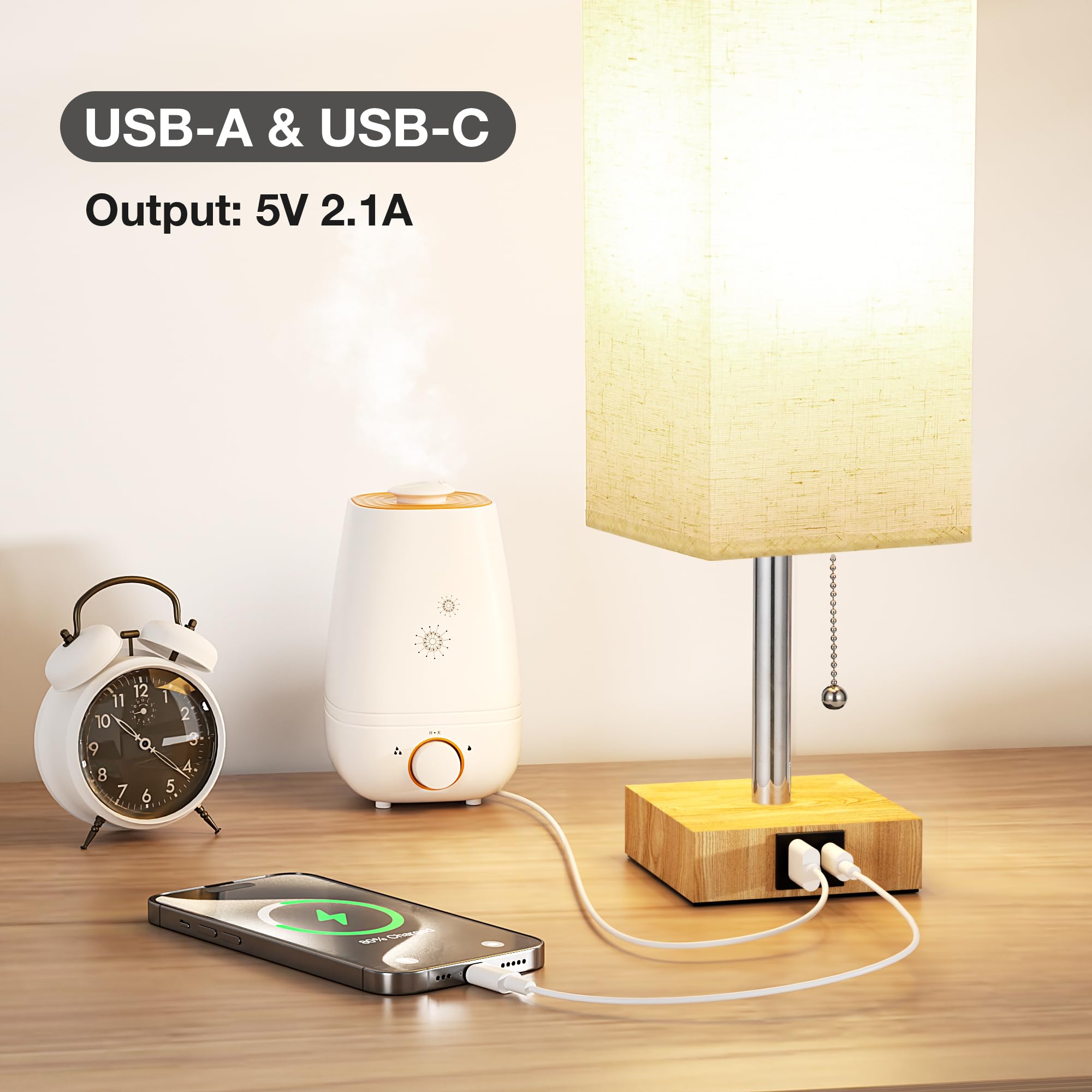 aooshine Beige Small Table Lamp - 3 Color Temperatures, USB Ports, Wood-Grain Base, 14.3in, Model S10-17