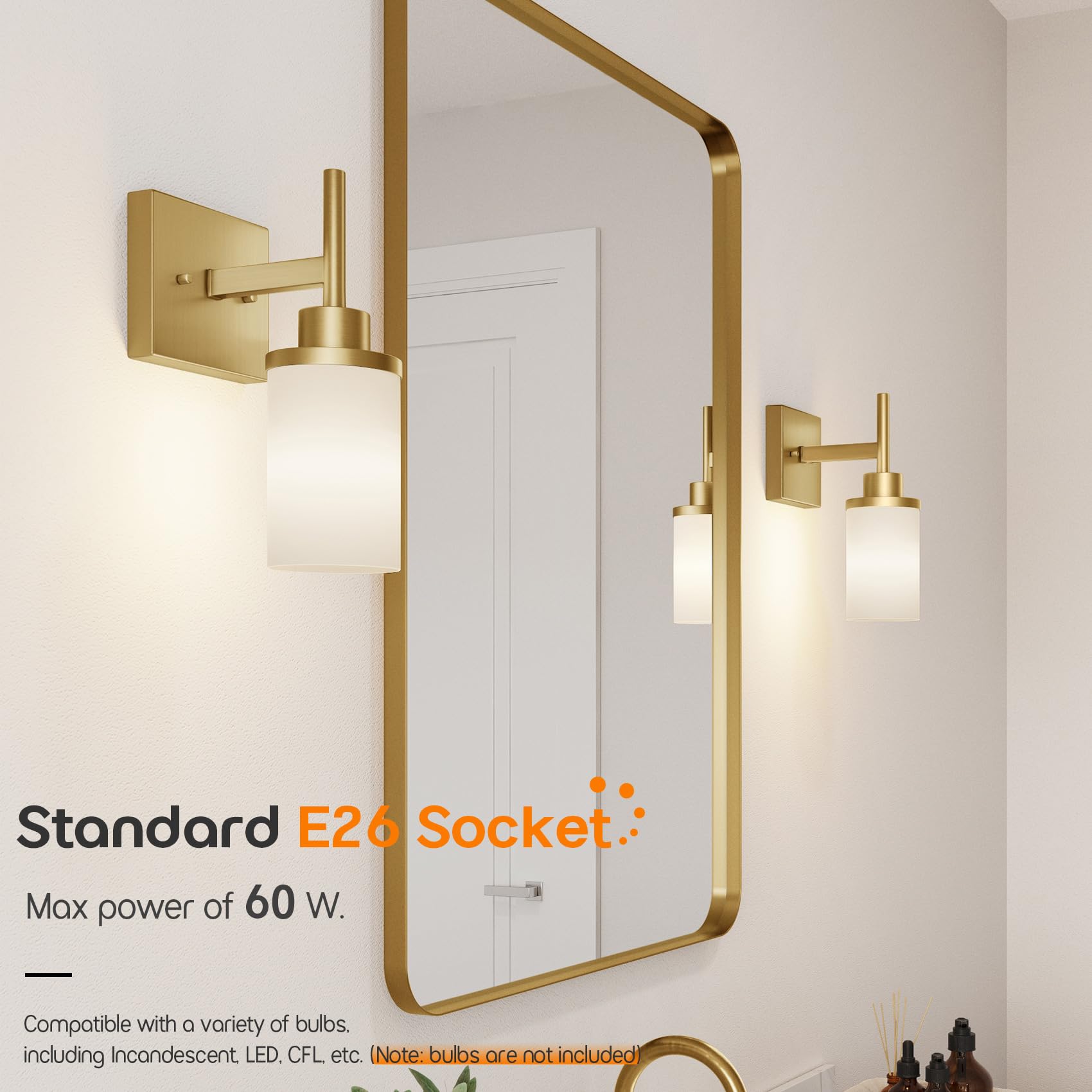 AONEON Modern Gold Wall Lamps, 2 Pack Vanity Lighting with White Frosted Glass Shade, T001GD-L1-P2, Brushed Gold
