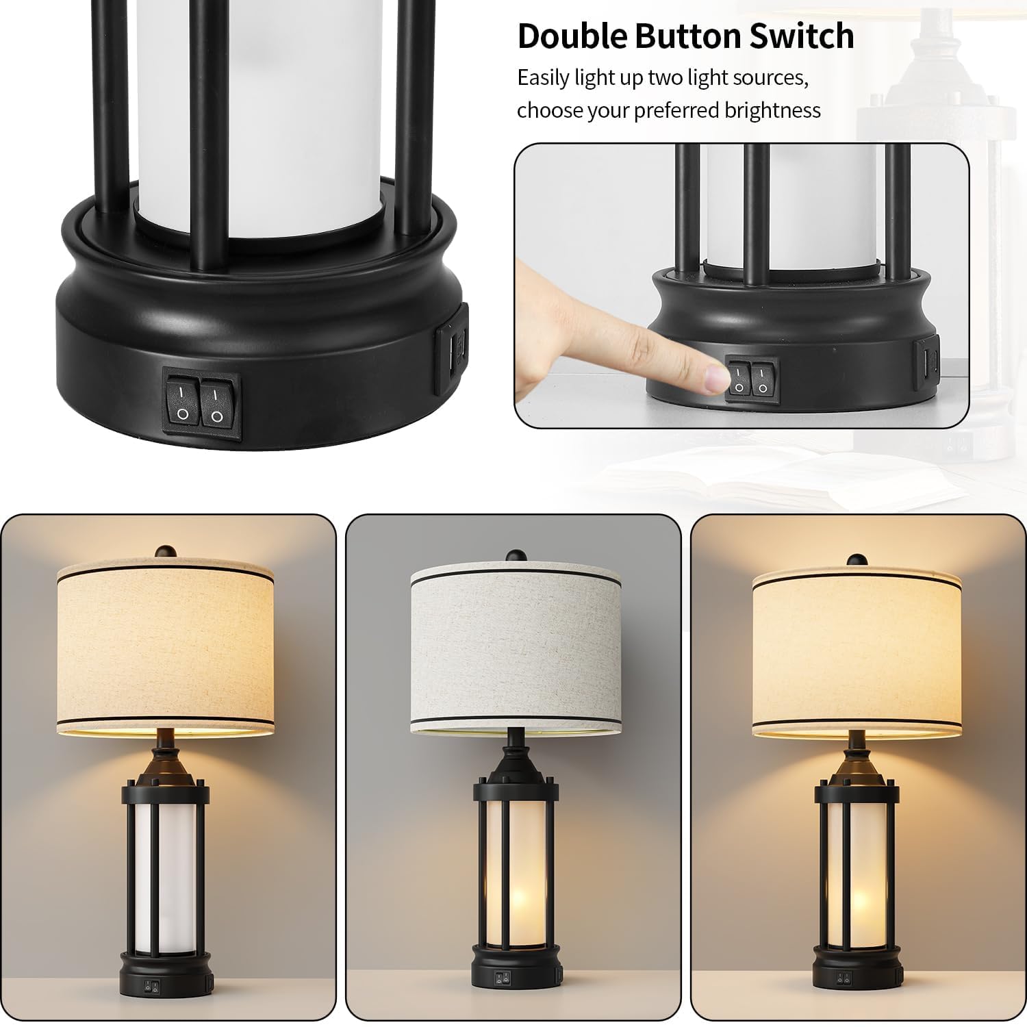 25'' Table Lamps For Bedroom Living Room Lamps Set Of 2 Farmhouse Nightstand Bedside Lamps With Usb Ports, Built-In Frosted Glas