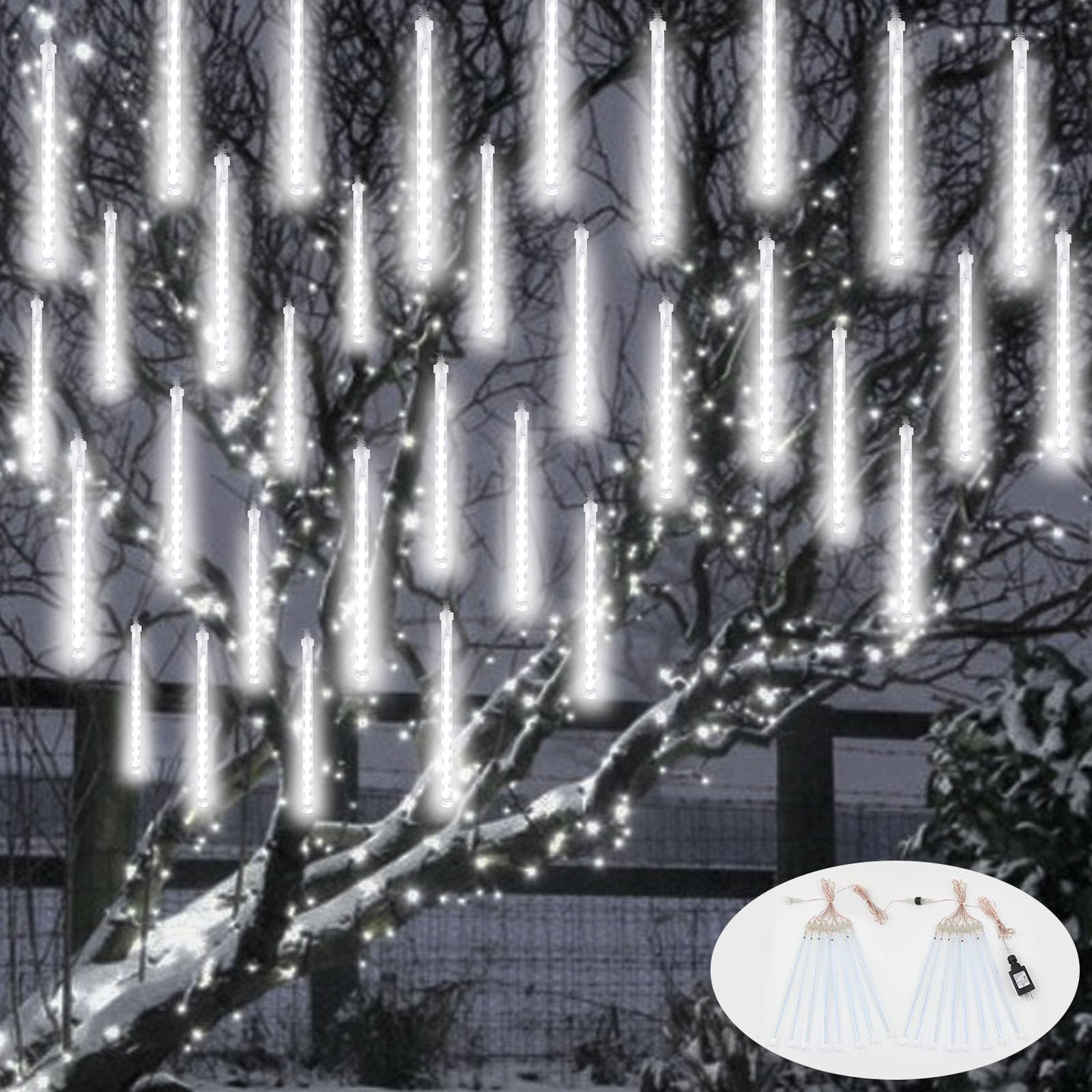YIQU 2-Pack Meteor Shower Christmas Lights, Waterproof 16 Tubes, 384 LEDs, Cool White Outdoor Decorations