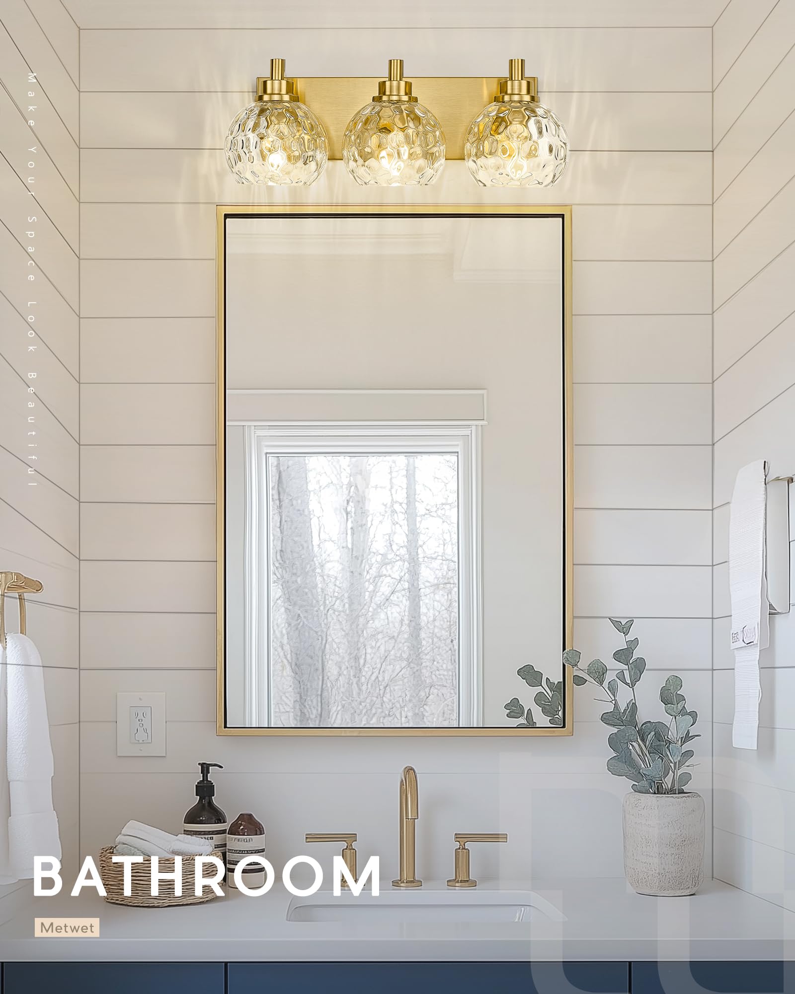 METWET 3-Light Bathroom Vanity Light Fixture, Brushed Gold with Clear Hammered Glass Shade, Model VL200-BG-3