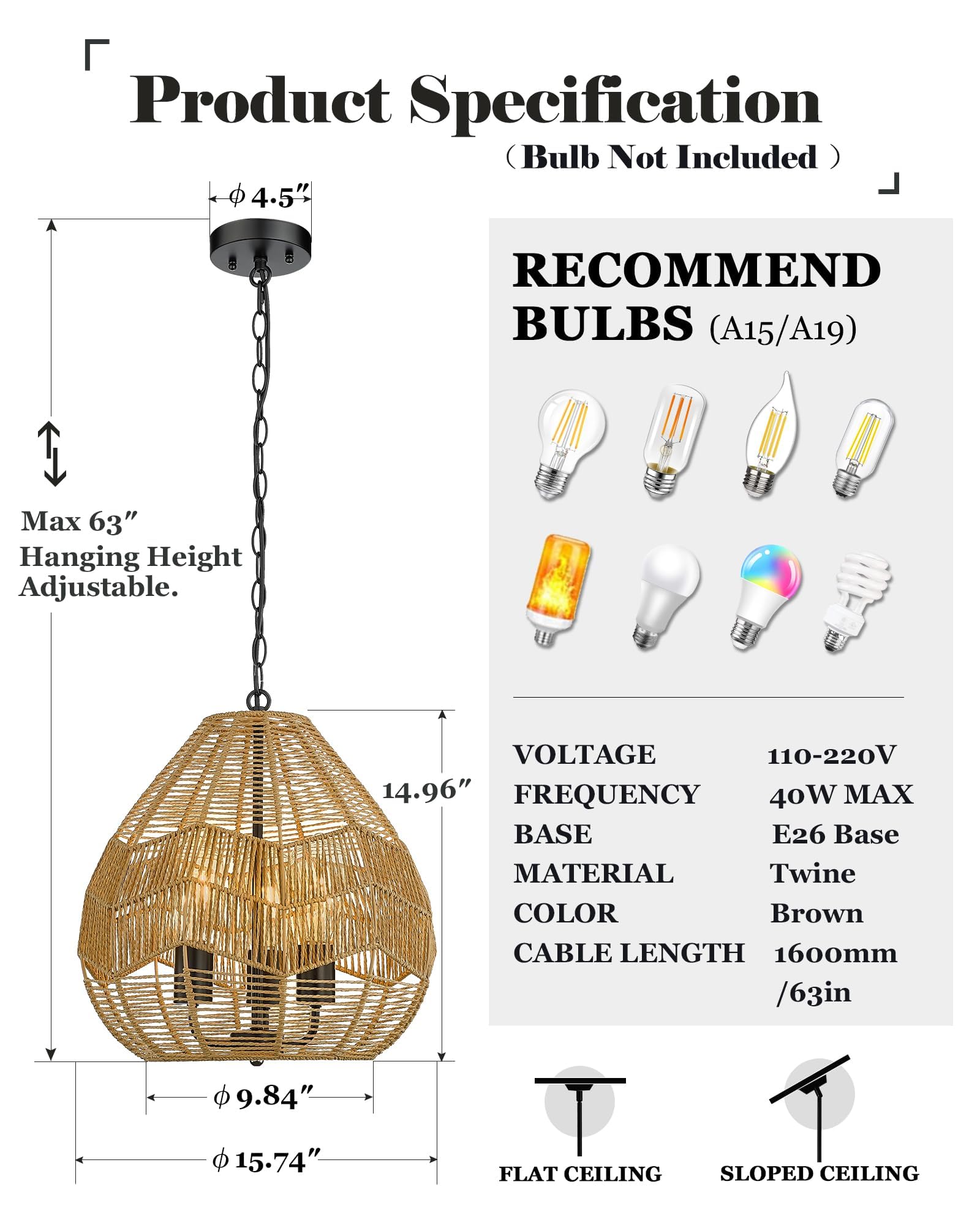 Elyona 3-Light Boho Chandelier, Woven Rattan Pendant Light For Dining Room, Kitchen, Living Room