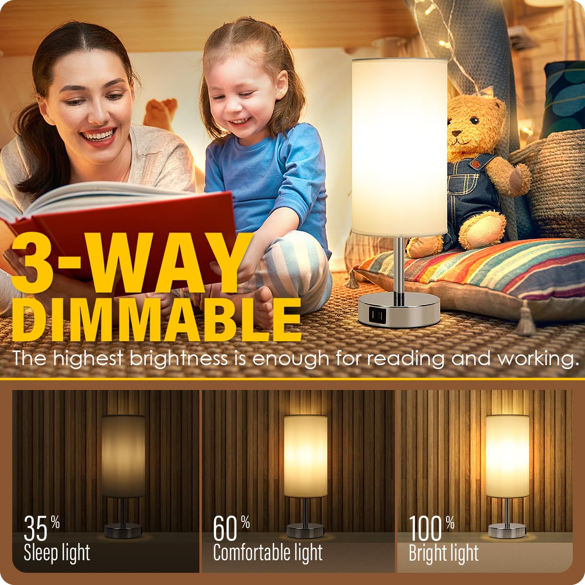 Yarra-Decor Bedside Lamps With Usb Port - Touch Control Table Lamp For Bedroom 3 Way Dimmable Nightstand Lamp Set Of 2 With Roun