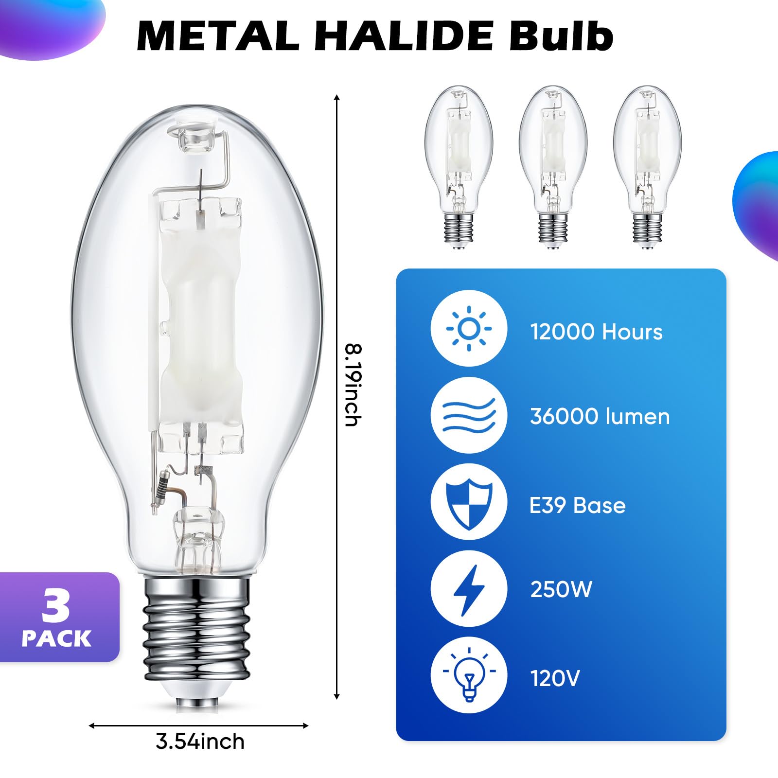 Rossesay 3 Pcs 250 Watt Lighting Metal Halide Lamp Mh400/U/Mog 36000 Lumen 4000K Outdoor Light Bulb 12, 000 Hour Span Life Mogul