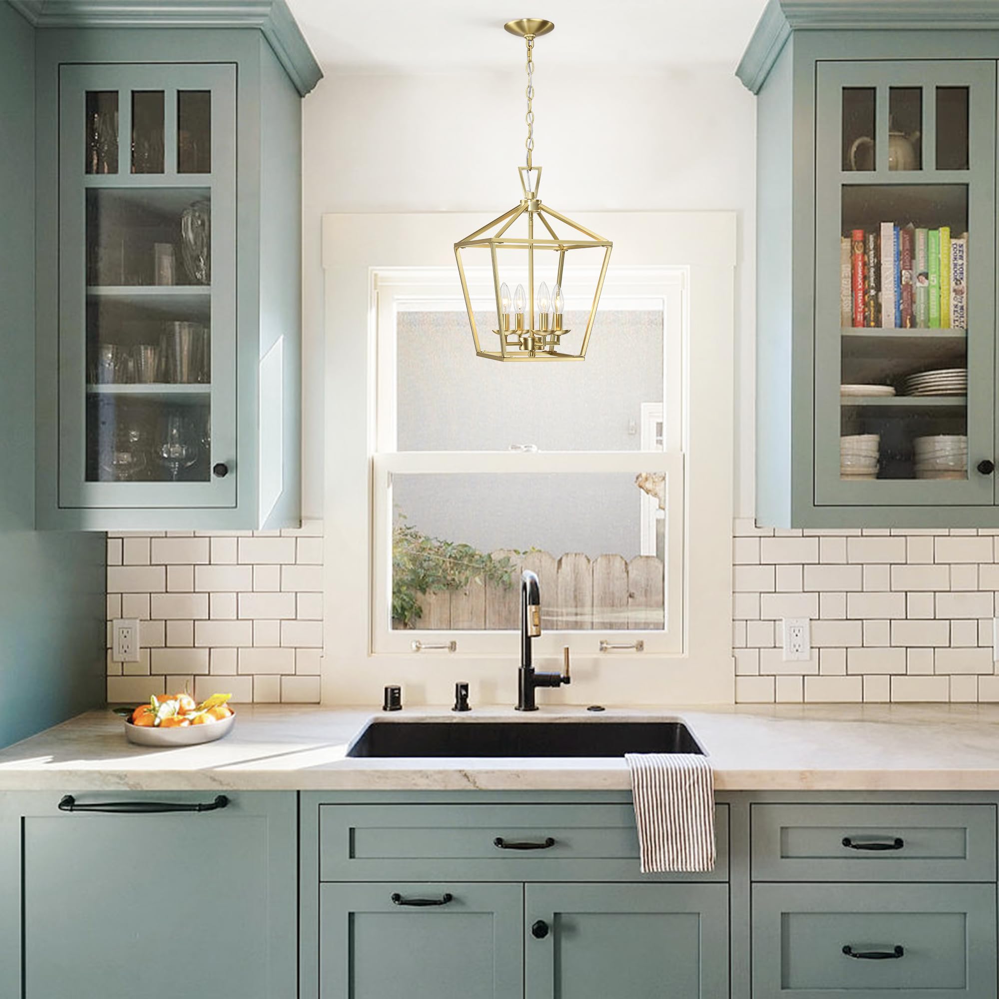 Untrammelife Gold Lantern Chandelier 4-Light Pendant Light Modern Hanging Pendant Light Fixtures in Brushed Brass Finish, Adjust