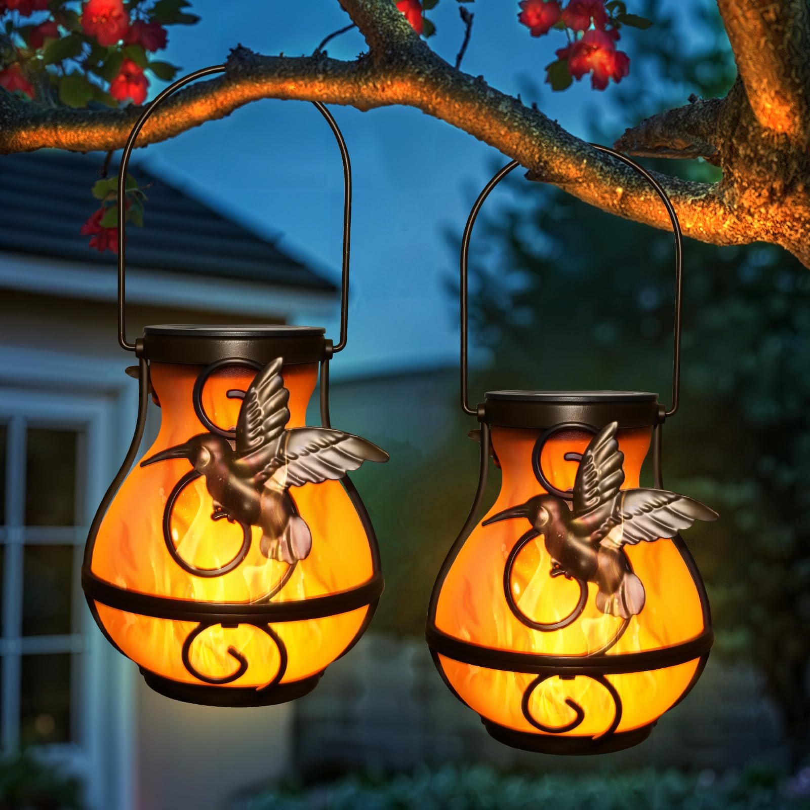 X-PREK 2 Pack Solar Lanterns Outdoor Waterproof Hummingbird Hanging Solar Lantern Flickering Flame Lights Solar Powered Lamps Ga