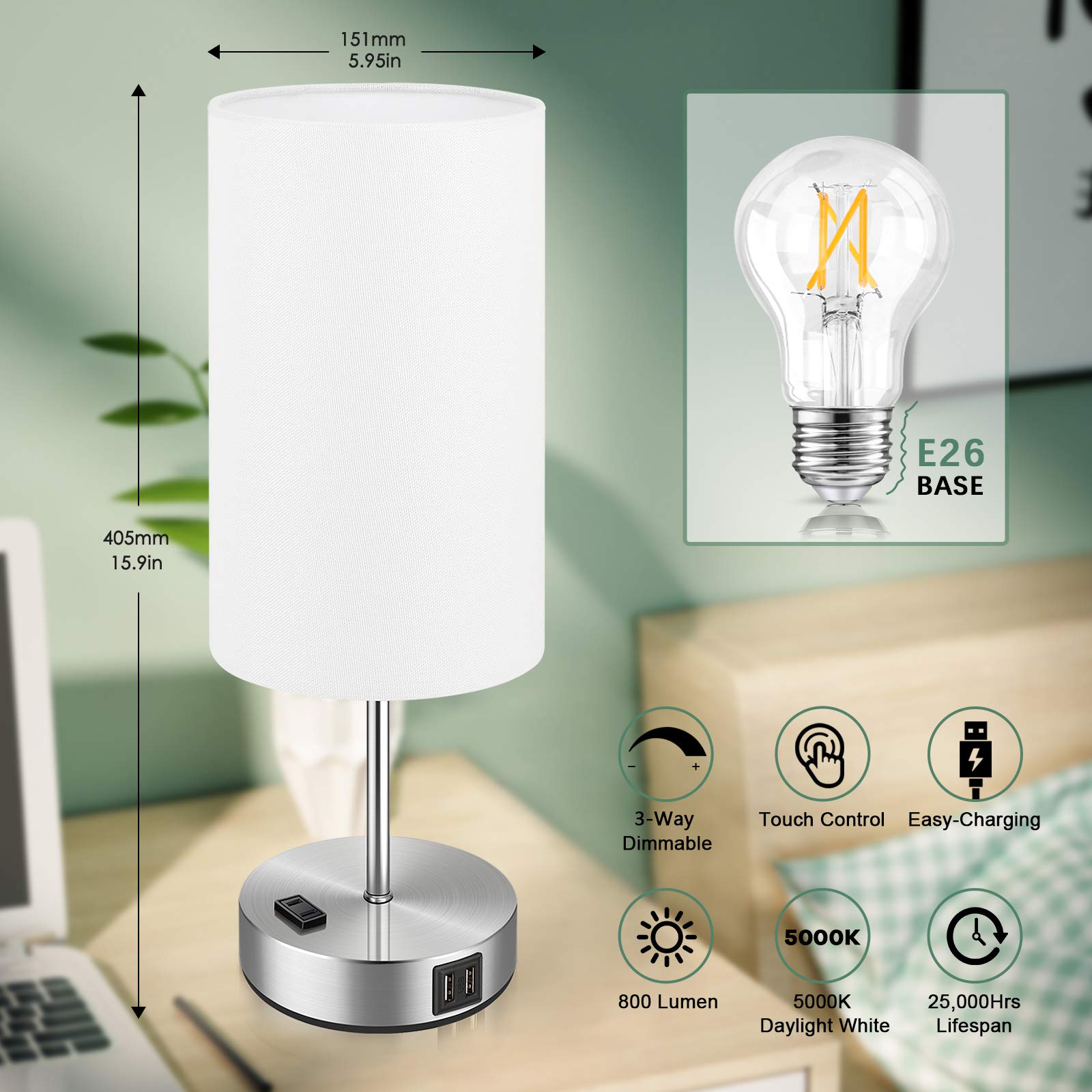 Brightever Set of 2 Touch Control Table Lamps, 3-Way Dimmable, USB & AC Outlet, White Fabric Shade, Model ST0001-WH