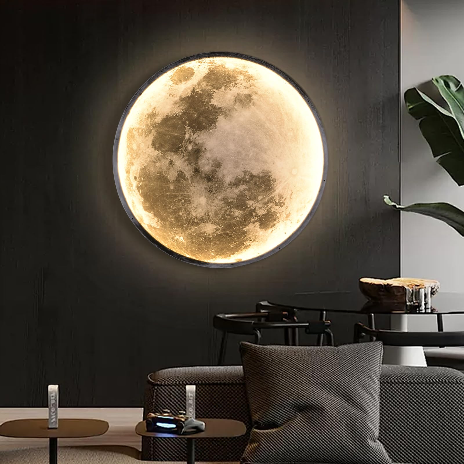 Skylumate Large Moon Wall Sconce - Dimmable LED Indoor Light 23.6" Black, Model 8002, Remote Control, Modern Design for Living Room & Bedroom