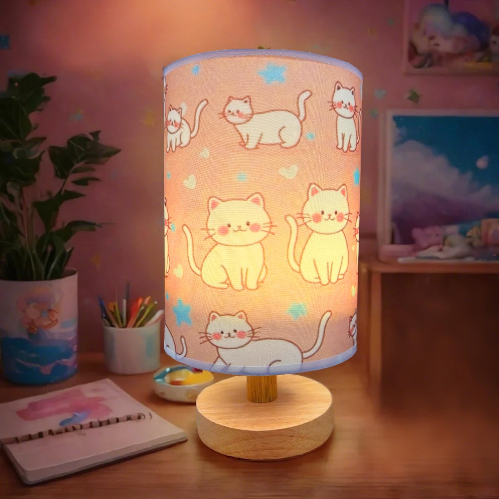 HYLING Cat Lamp, Kitty Night Light, 3 Color Changing LED Night Light with 9 Brightness Levels Wood Nightstand Desk Base Flaxen F