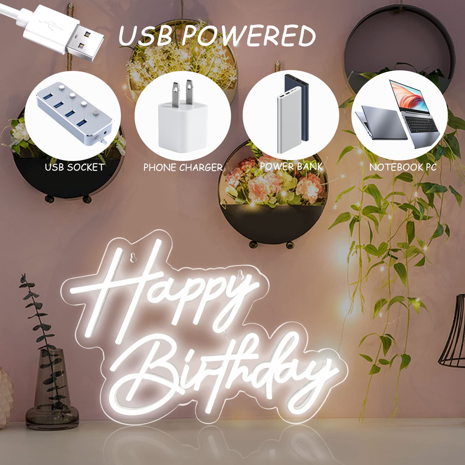 BerniceKelly Happy Birthday Neon Sign Wall Decor, 17x12 Inch, White LED Light, Model AW-12