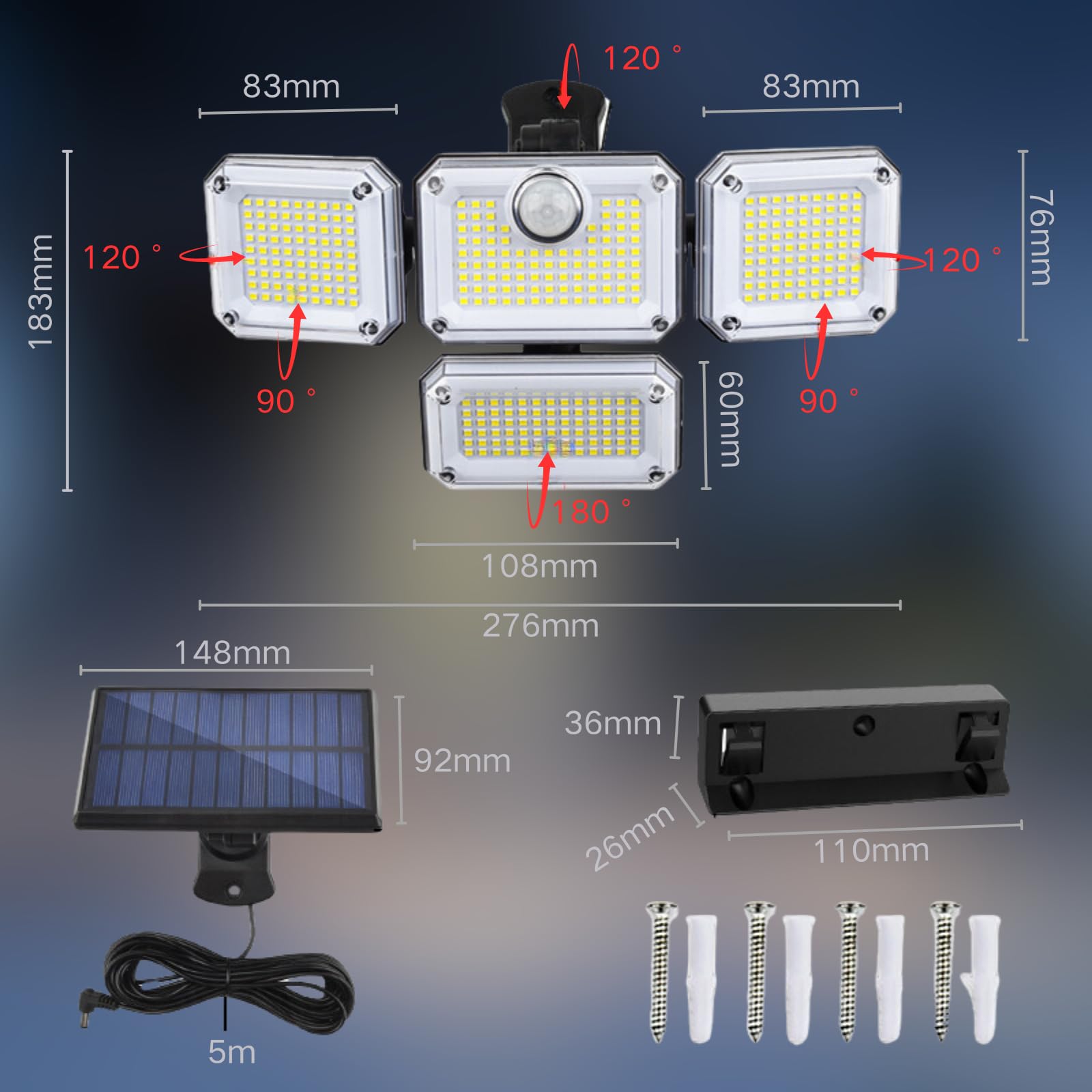 Generic Solar Outdoor Lights 3500Lm 333 Led Security Lights With Remote Control,4 Heads Motion Sensor Lights, Ip65 Waterproof,32