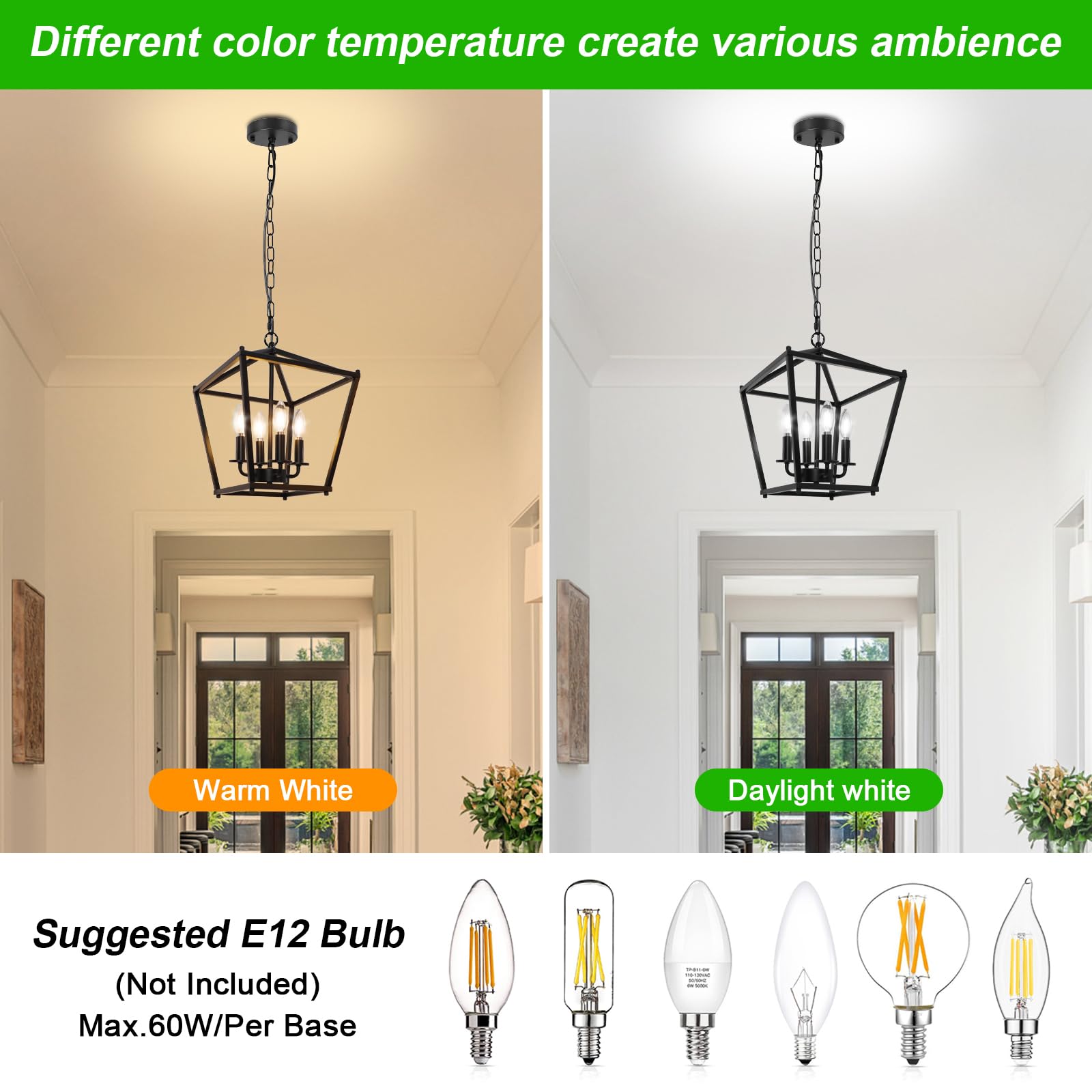 Unicozin 4-Light Black Lantern Chandelier, Adjustable Rustic Geometric Light for Kitchen Island & Entryway, E12 Base