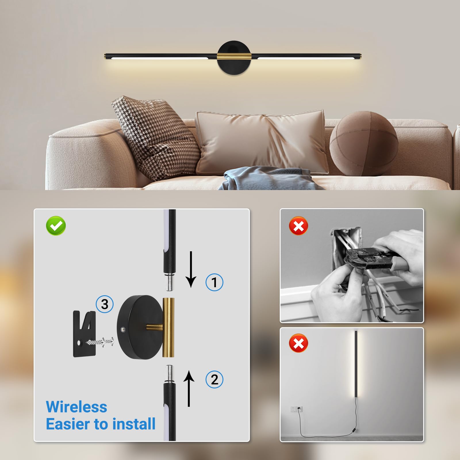 Taofiaco Battery Operated Wall Sconces Set Of Two, 360Rotate Wireless Rechargeable Wall Sconces With Remote Control, Black Gold,