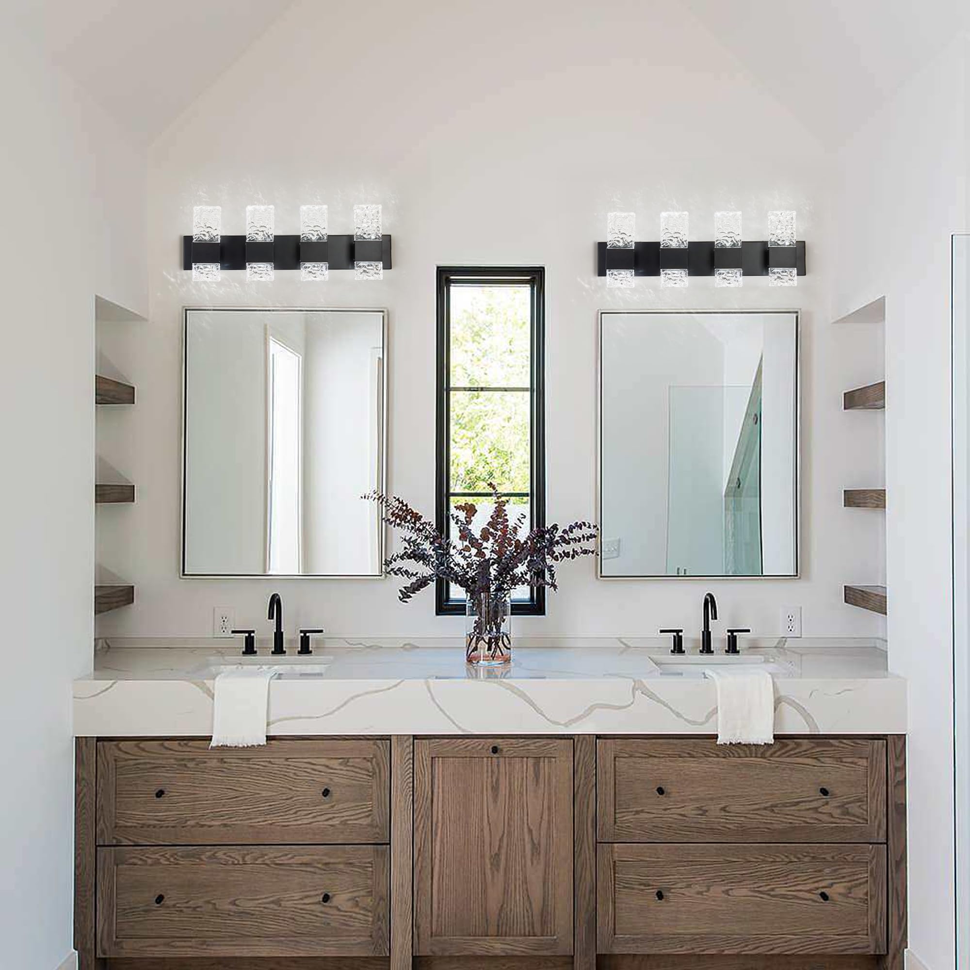 Oylyw 4-Light Black Crystal Bathroom Vanity Light, Modern Led Wall Light, 6000K Cool Light