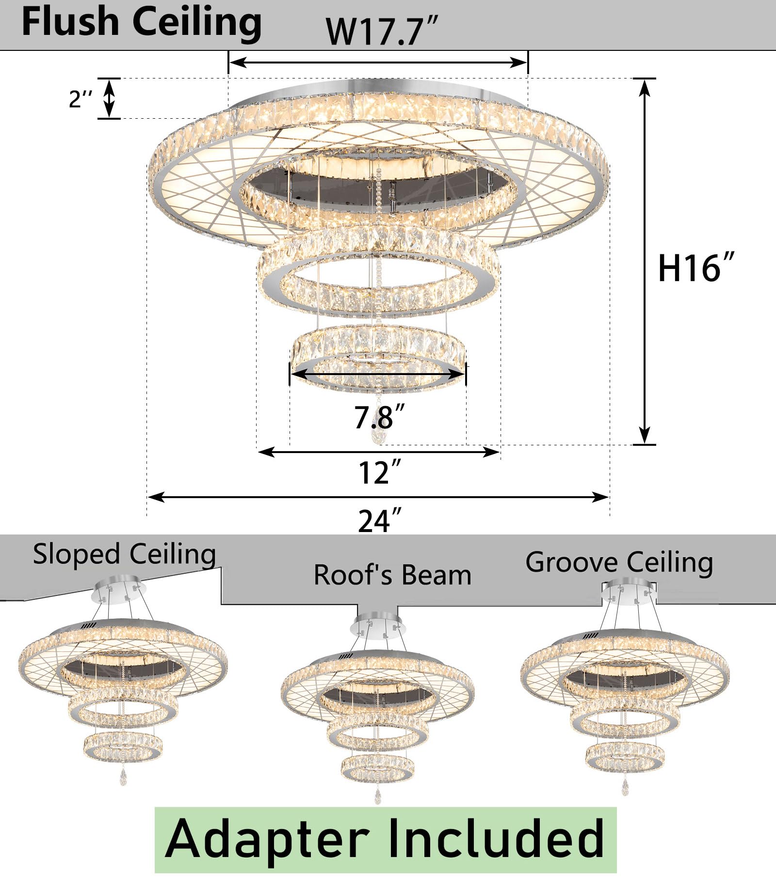 HAIXIANG Crystal Glam Chandelier LED Ceiling Light, 24 Inch Silver, Remote Dimmable, Ideal for Dining & Bedroom Decor