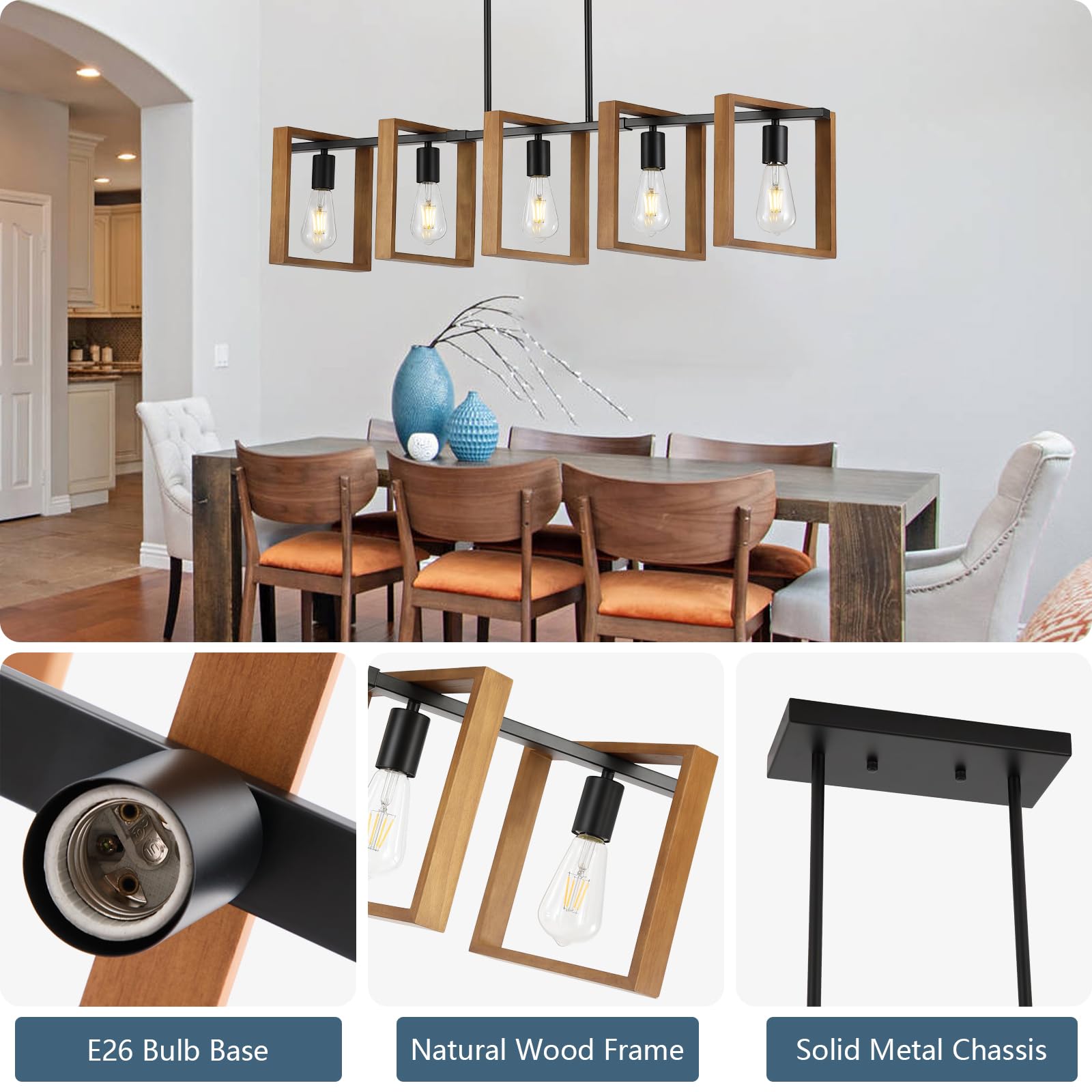 9Mmml 41.5'' Kitchen Island Lighting,5 Lights Dining Room Light Fixtures, Rustic Farmhouse Height Adjustable Wood Chandeliers Fo