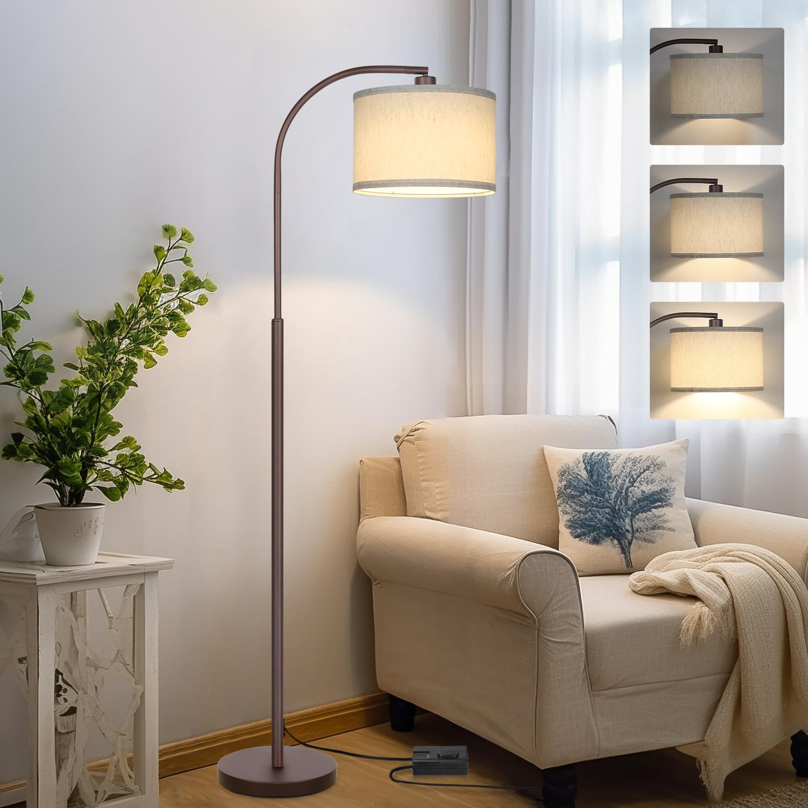 Boncoo Dimmable Floor Lamp, Arc Standing Lamp with Stepless Dimmer, Brown Floor Lamp with Adjustable Linen Beige Shade for Livin