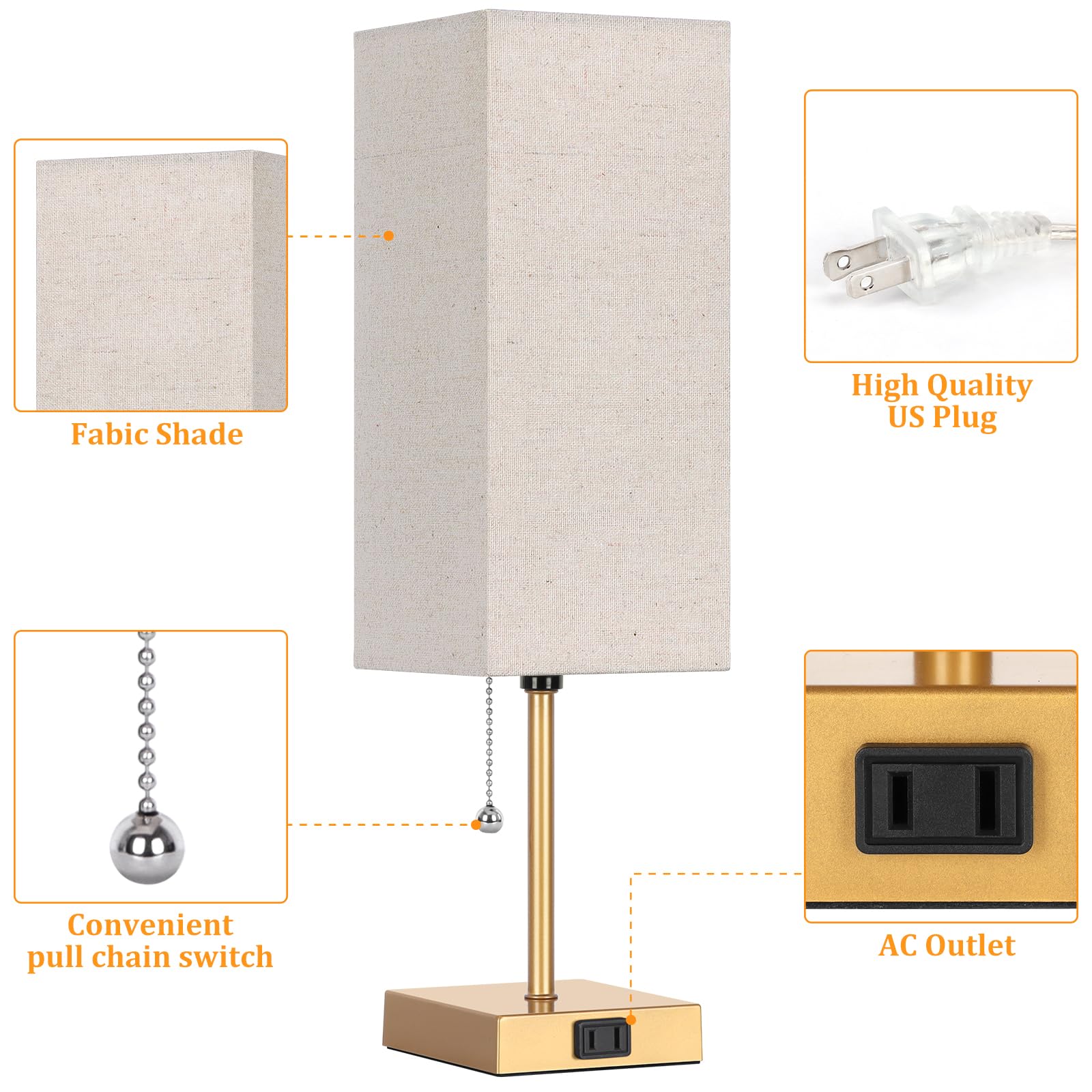 Dott Arts Table Lamp Set of 2, 18in Gold Linen, 3-Color with Pull Chain, AC Outlets, Model PTL6W-028