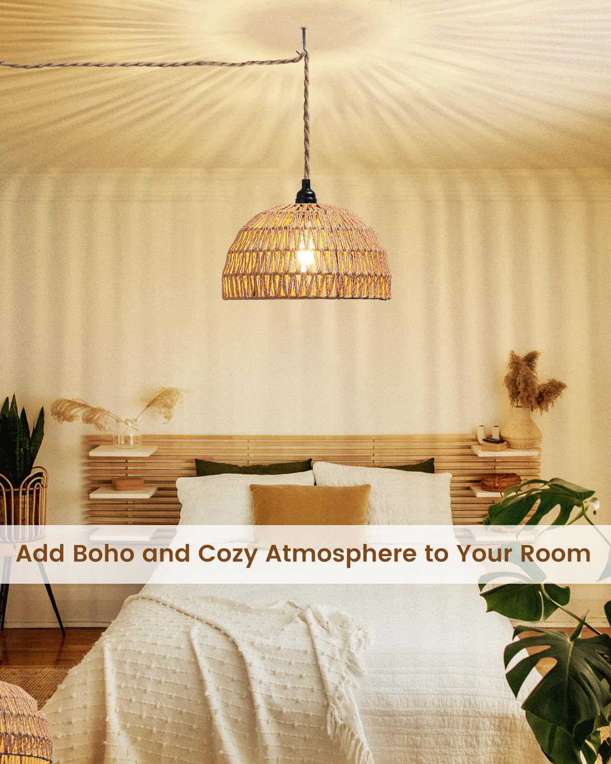 Rattan Hanging Lamp,Boho Pendant Lights,Plug In Cord Hanging Rattan Light,Plug Into Wall Outlet Pendant Light Fixture On/Off Switch For Living,Dinner Room,Bedroom,Kitchen,For E26,Without Bulb