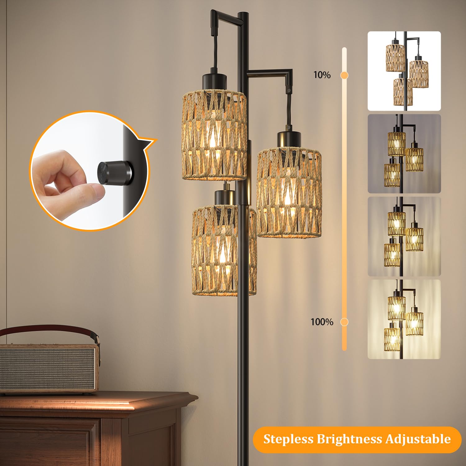 Oneach 68" Stepless Dimmable Floor Lamp, Black Rattan, Tall Industrial Design for Living Room, Bedroom, Office, Model AMZ-F1175BK-3-NEW