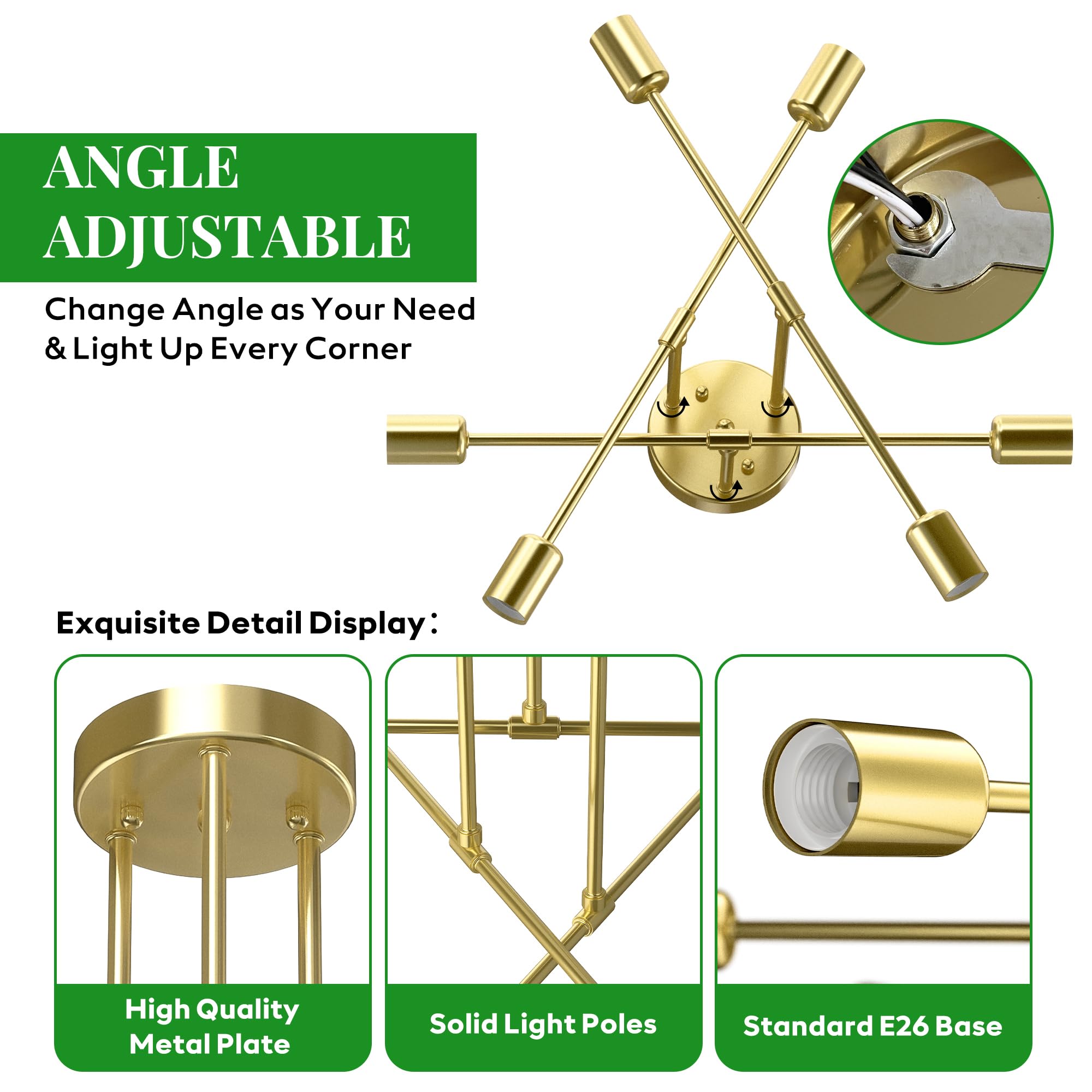 Phaosio Modern Sputnik Chandelier, 6-Light Metal Semi Flush Mount, Gold, 22” - Ideal for Dining Room, Bedroom, Living Room - Model POSI02