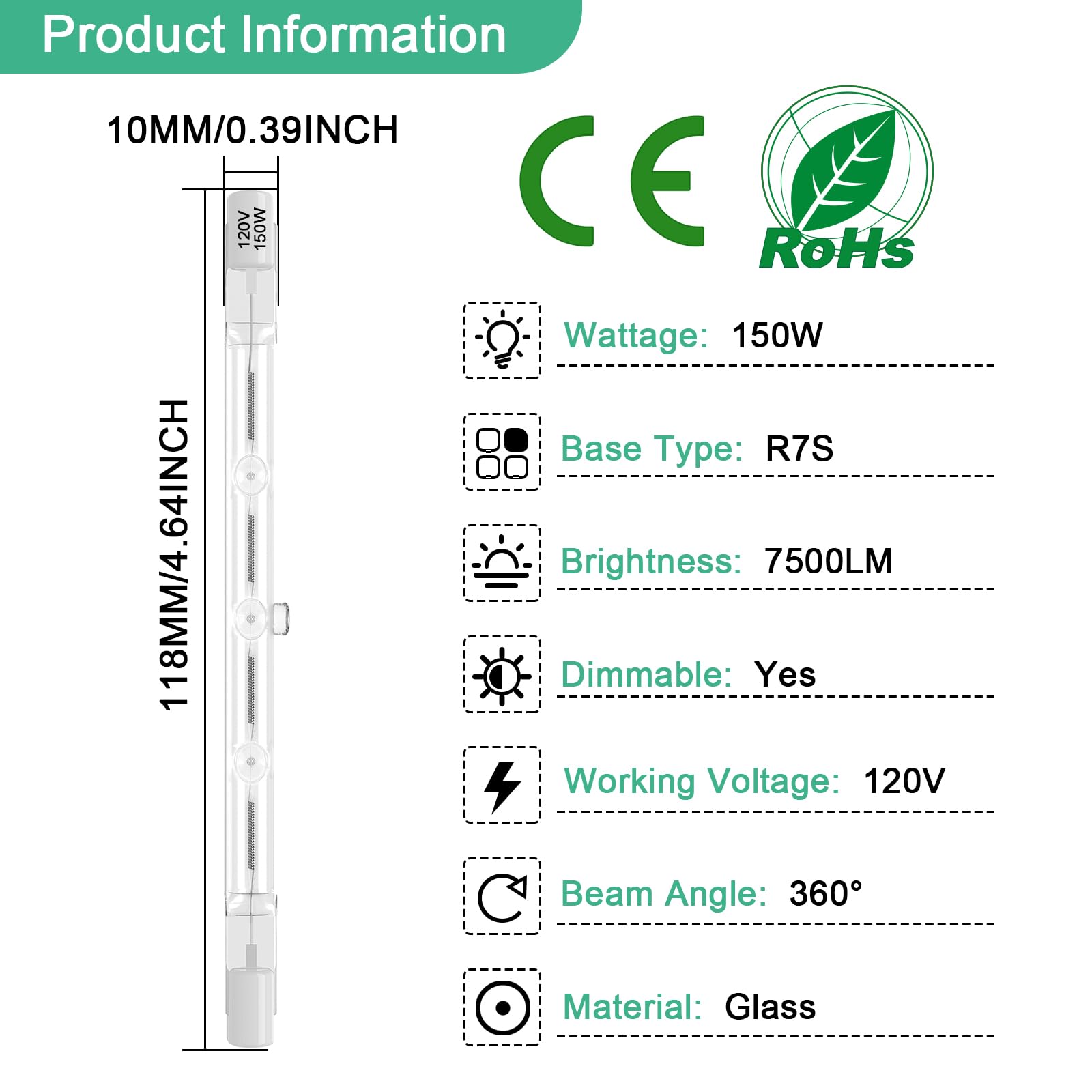 R7S Bulbs,5 Pack Halogen Bulbs R7S 118Mm T3 150W 120V, J-Type Halogen Light Bulb With Long Lifespan,4.7-Inch Long Double Ended L