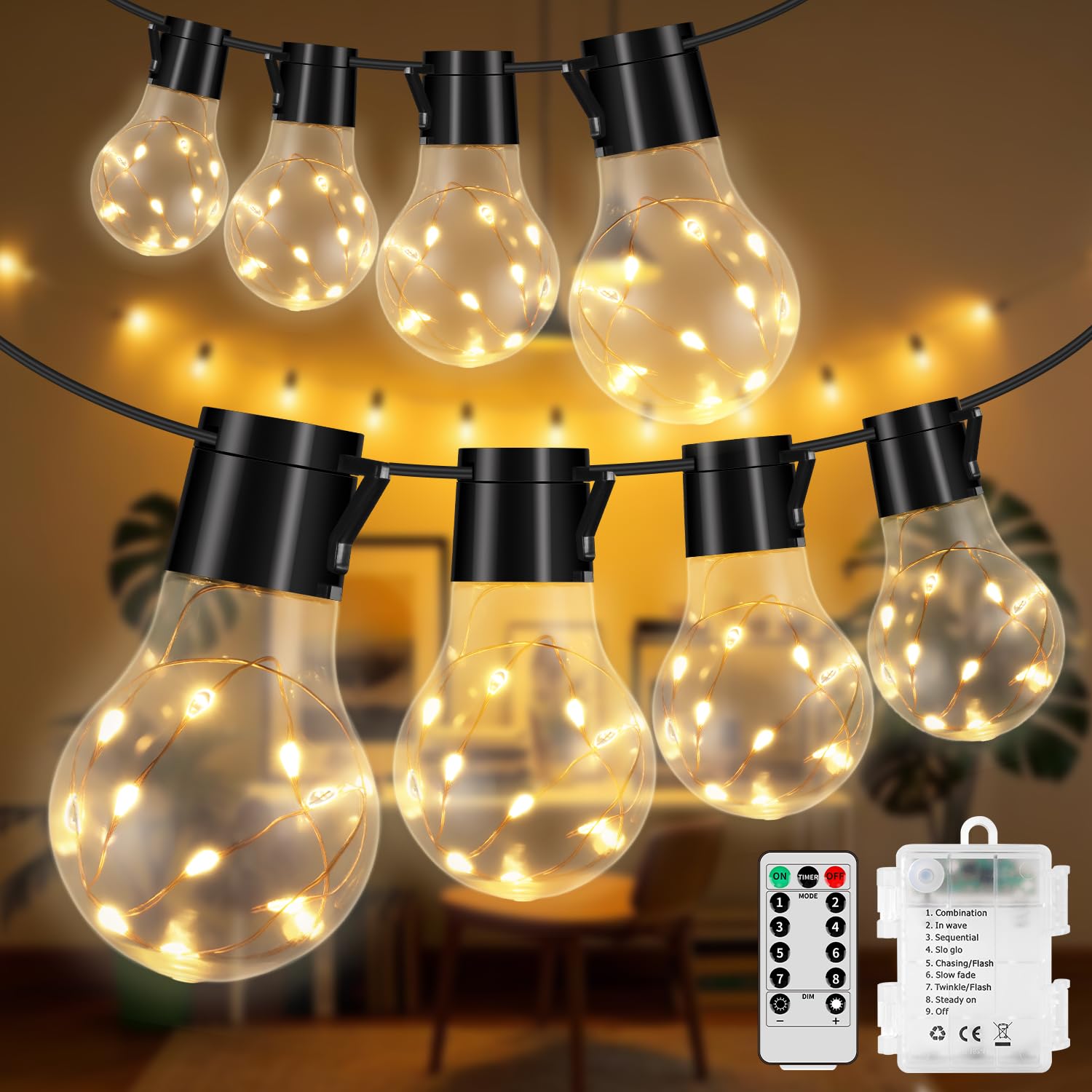 20 Hanging Bulb Battery Operated String Lights, 14FT 100 LED Vintage Bulbs Battery Outdoor Lights, Waterproof Indoor Outdoor Lig