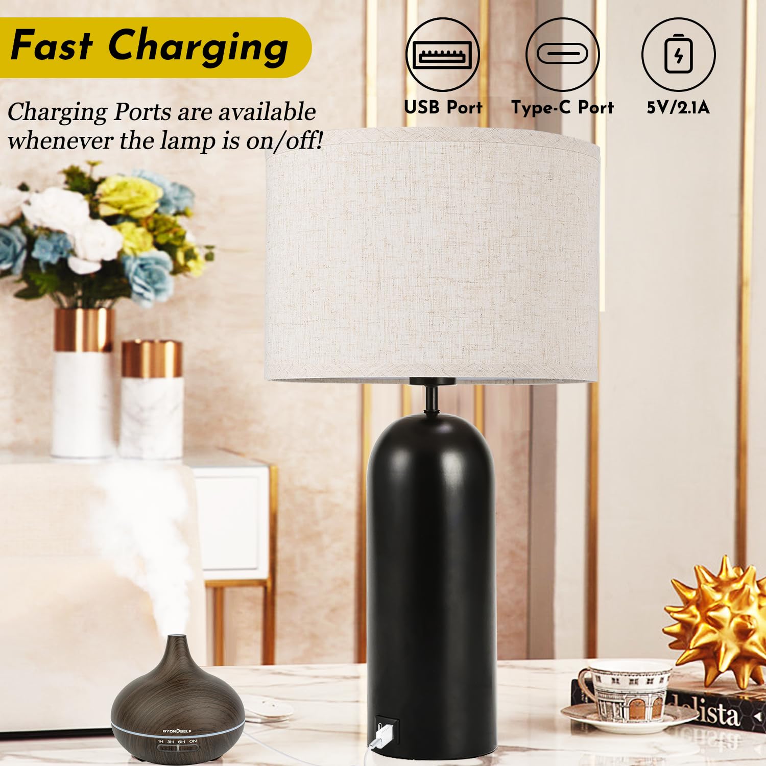 Table Lamps Set Of 2 Touch Control Black&Cream Table Lamps 3-Way Dimmable Lamps With Usb A+C Ports Modern End Table Lamps For Li