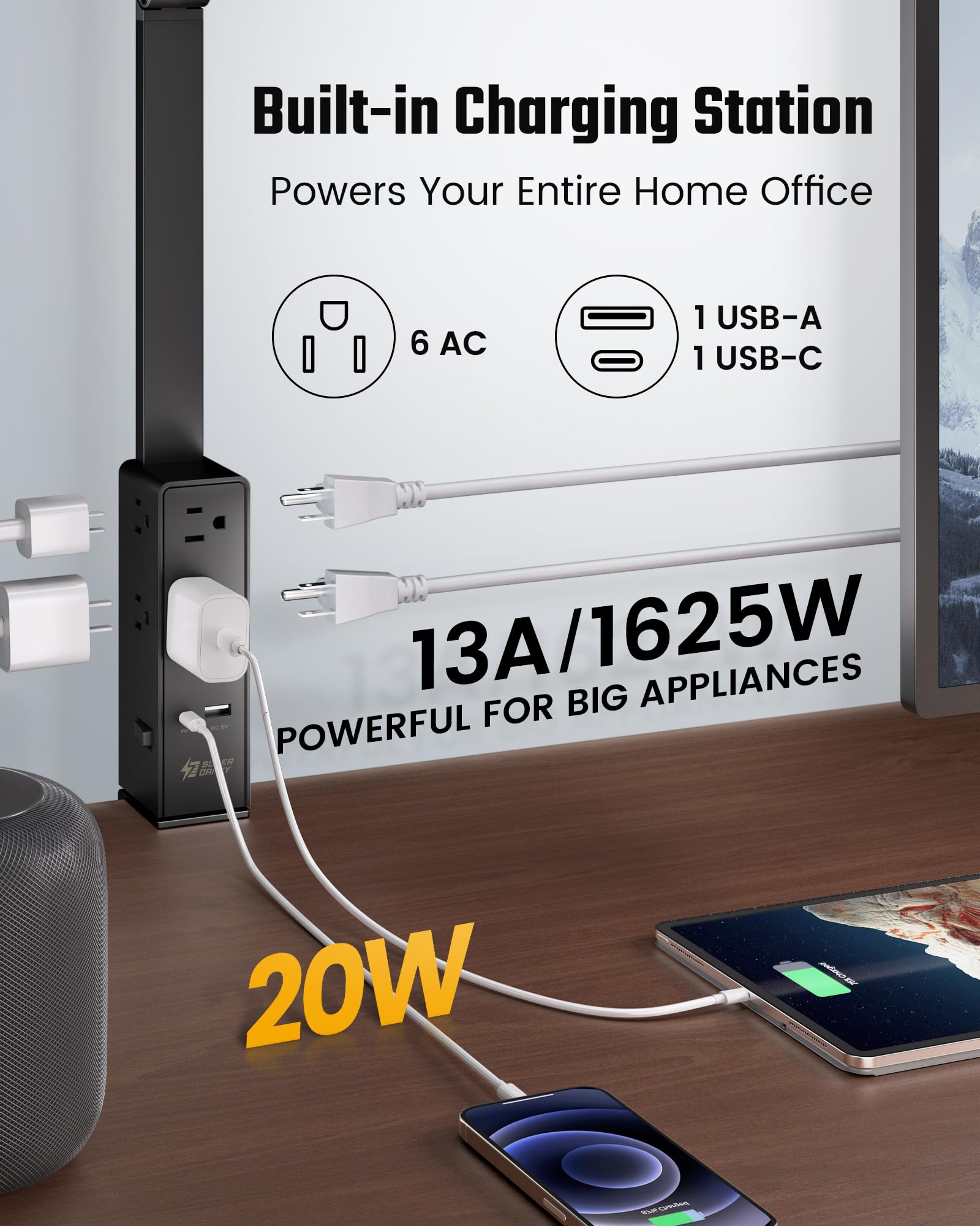 SUPERDANNY LED Desk Lamp with Power Strip, 6 Outlets, USB, Type-C, Large, Black, Model SDDL02, Touch & Wave Control