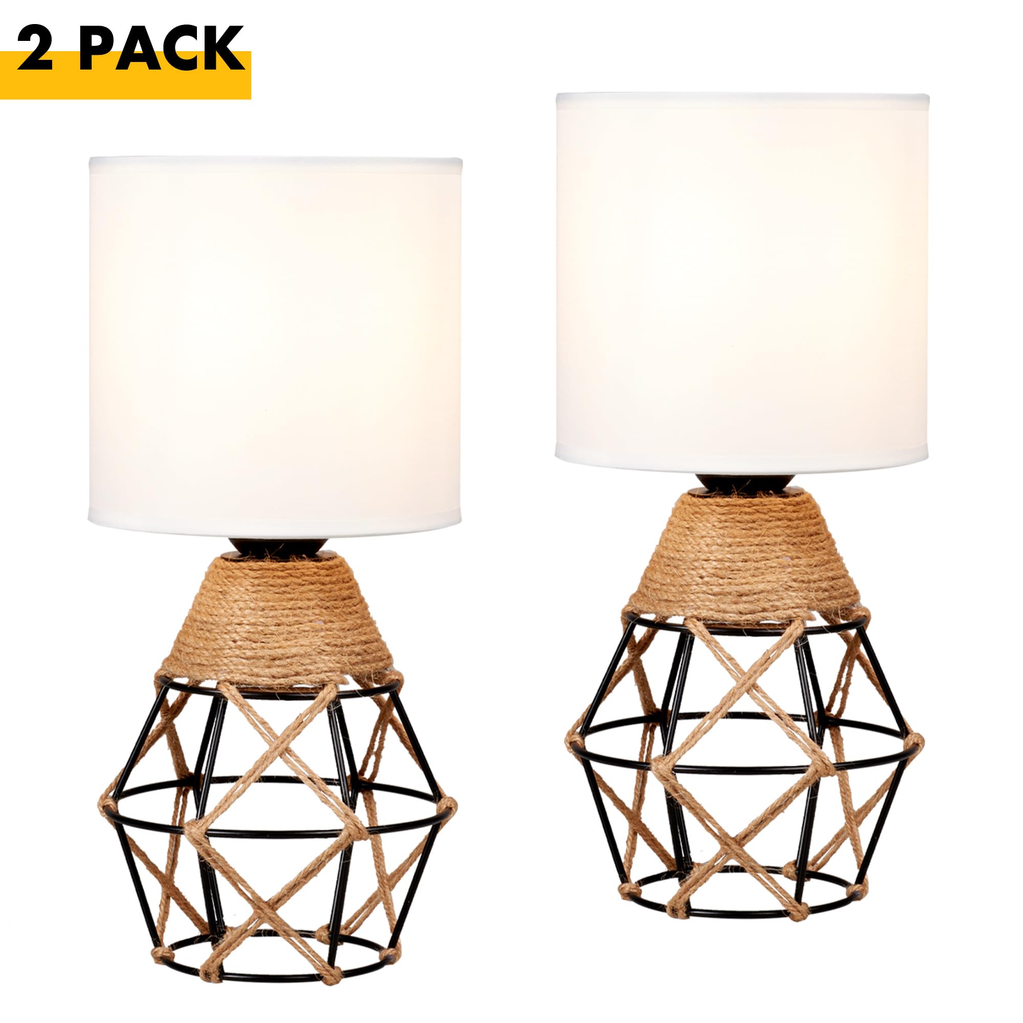 Hamilyeah Table Lamps Set Of 2, Woven Lamps For Nightstand With On/Off Switch, Farmhouse Bedside Lamps With White Fabric Shade,