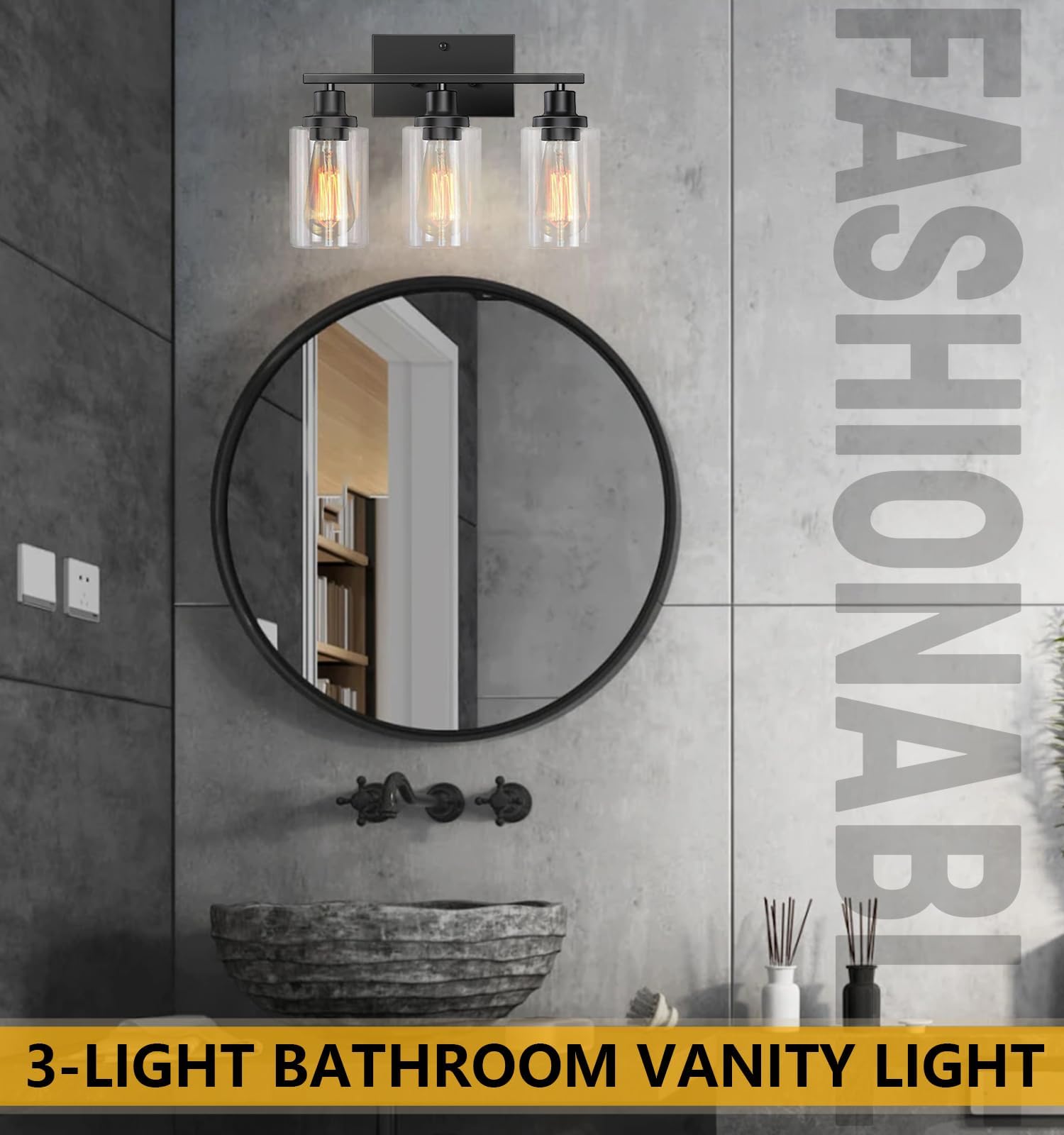 SANGFOR 3-Light Vanity Light Fixtures, Modern Metal Bathroom Lighting, E26 Base, Matte Black, Clear Glass Shades, Size M