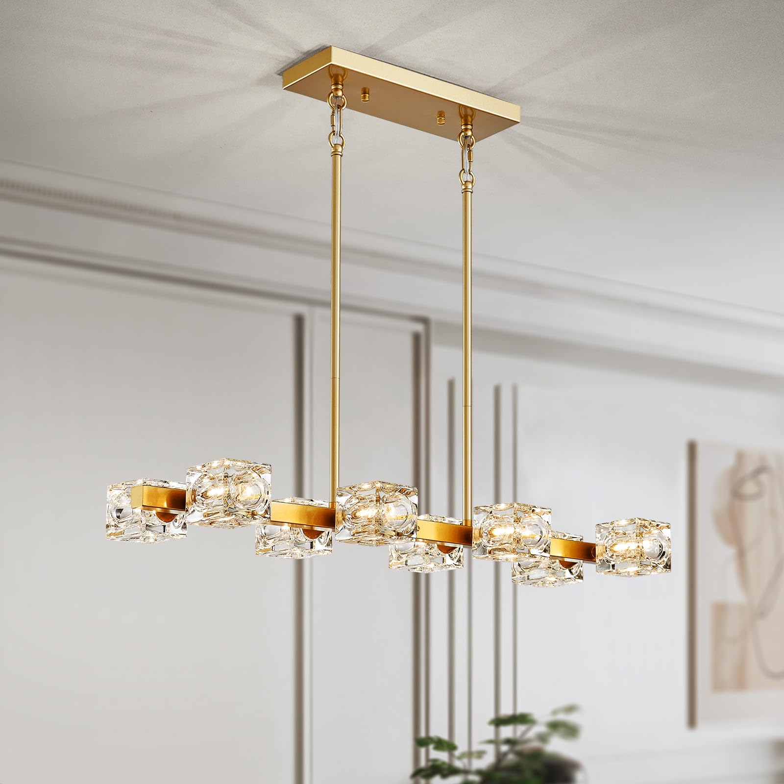 Xingqi Gold Chandelier Sputnik 8-Light Modern Farmhouse Glass Light Fixtures Rectangle Linear Chandelier For Dining Room Living 