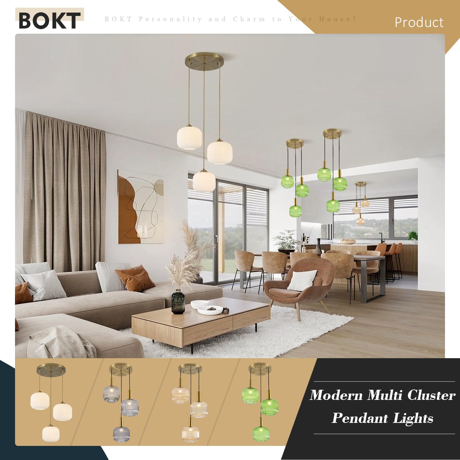 BOKT 3-Light Globe Pendant Light - Vintage Ribbed Glass Chandelier, Adjustable Height, Milk White Finish, Model BP1150-W