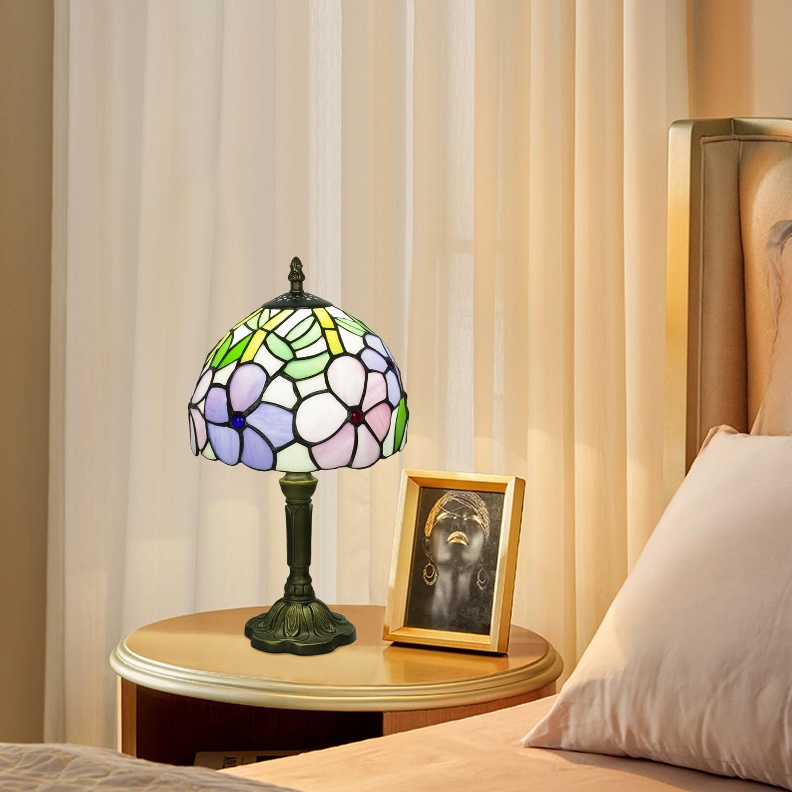 Crefotu Tiffany Style Table Lamp, 8 Inch Stained Glass, 3 Color Temperatures, 4 Flower Pattern, Model CFLP-0001