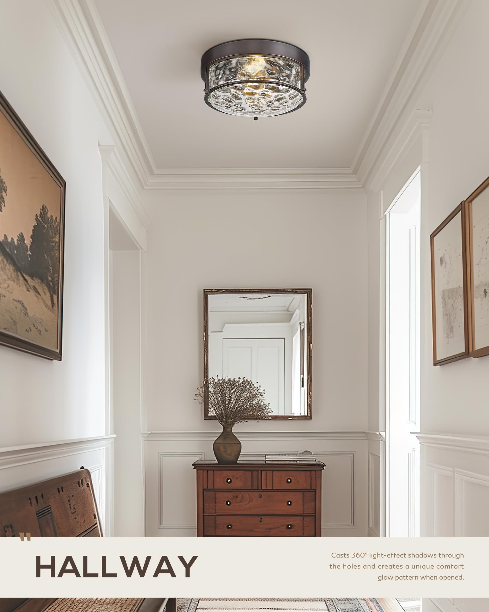 FEMILA 12in Flush Mount Ceiling Light, Water Ripple Glass, Oil Rubbed Bronze, Model 4FTJ22WG-F ORB