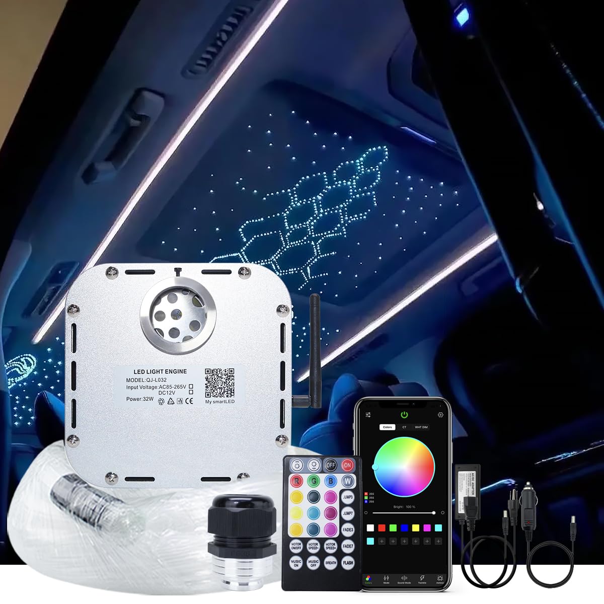 AKEPO 32W RGBW Twinkle APP Fiber Optic Lights Kit Music Activated Star Ceiling Sky Light, with 800pcs of 16.4ft/5m Mixed Dia. (0