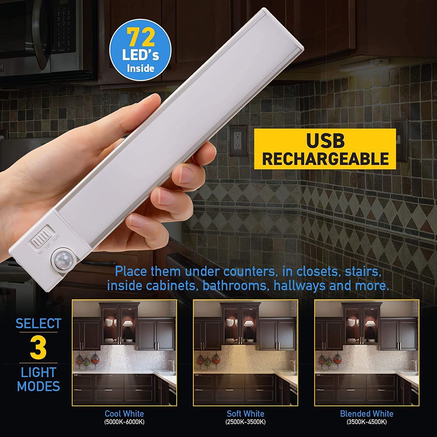Sensor Brite Slim Beam+ LED Under Cabinet Light, Magnetic, USB Rechargeable, Motion Sensor, White, 2-Pack