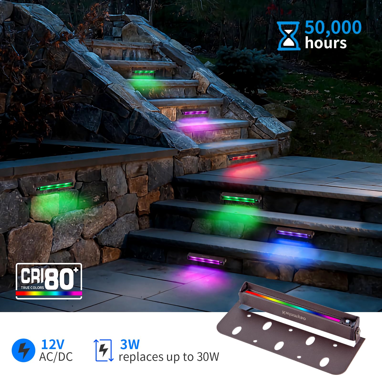 Kwinmyso RGBW LED Hardscape Lighting - 7" Swivel Paver Lights, 8 Pack, Low Voltage, 50,000 Hours Lifespan