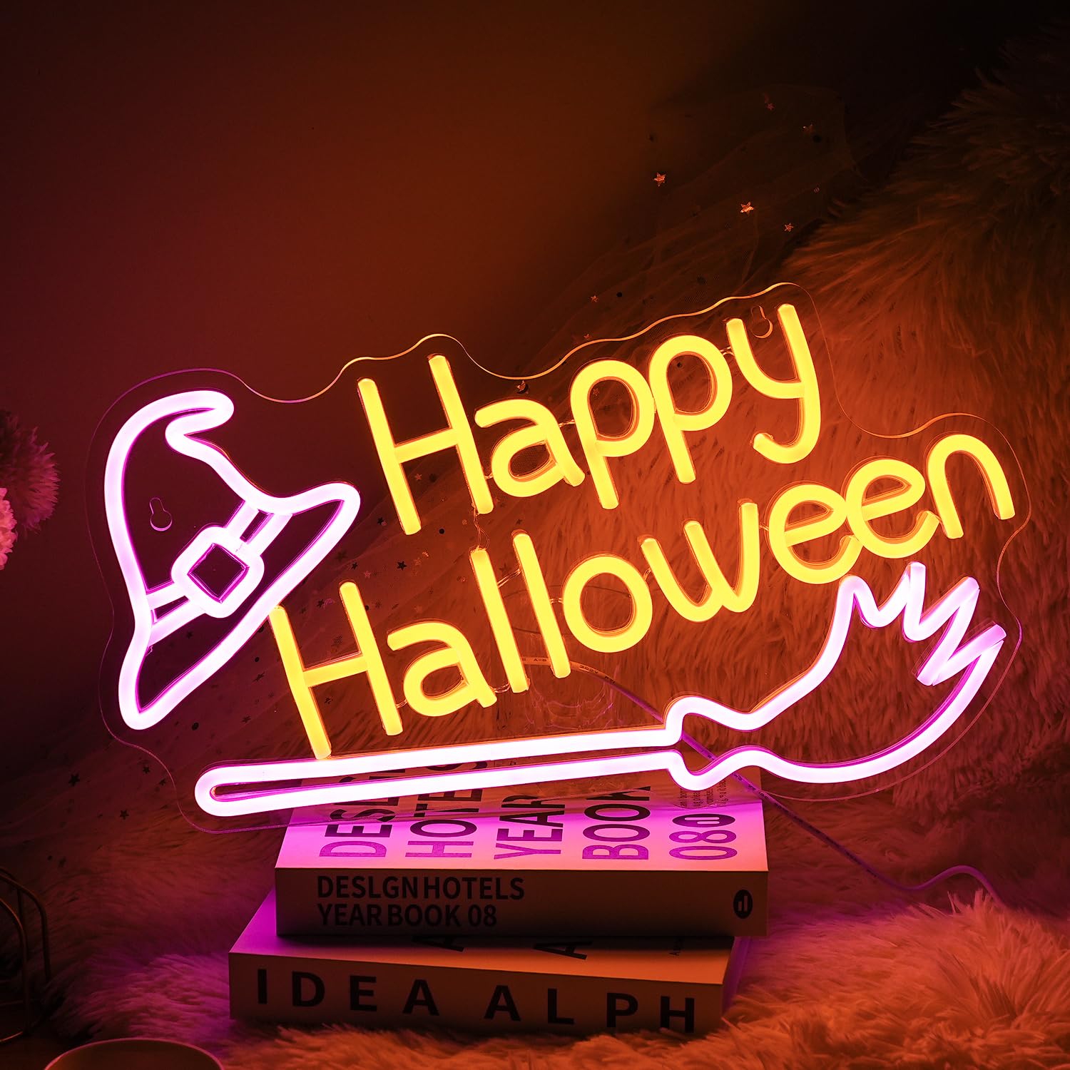 LISIGNVE Neon Witch Hat Sign - Dimmable LED Wall Decor for Halloween - Pink & Yellow