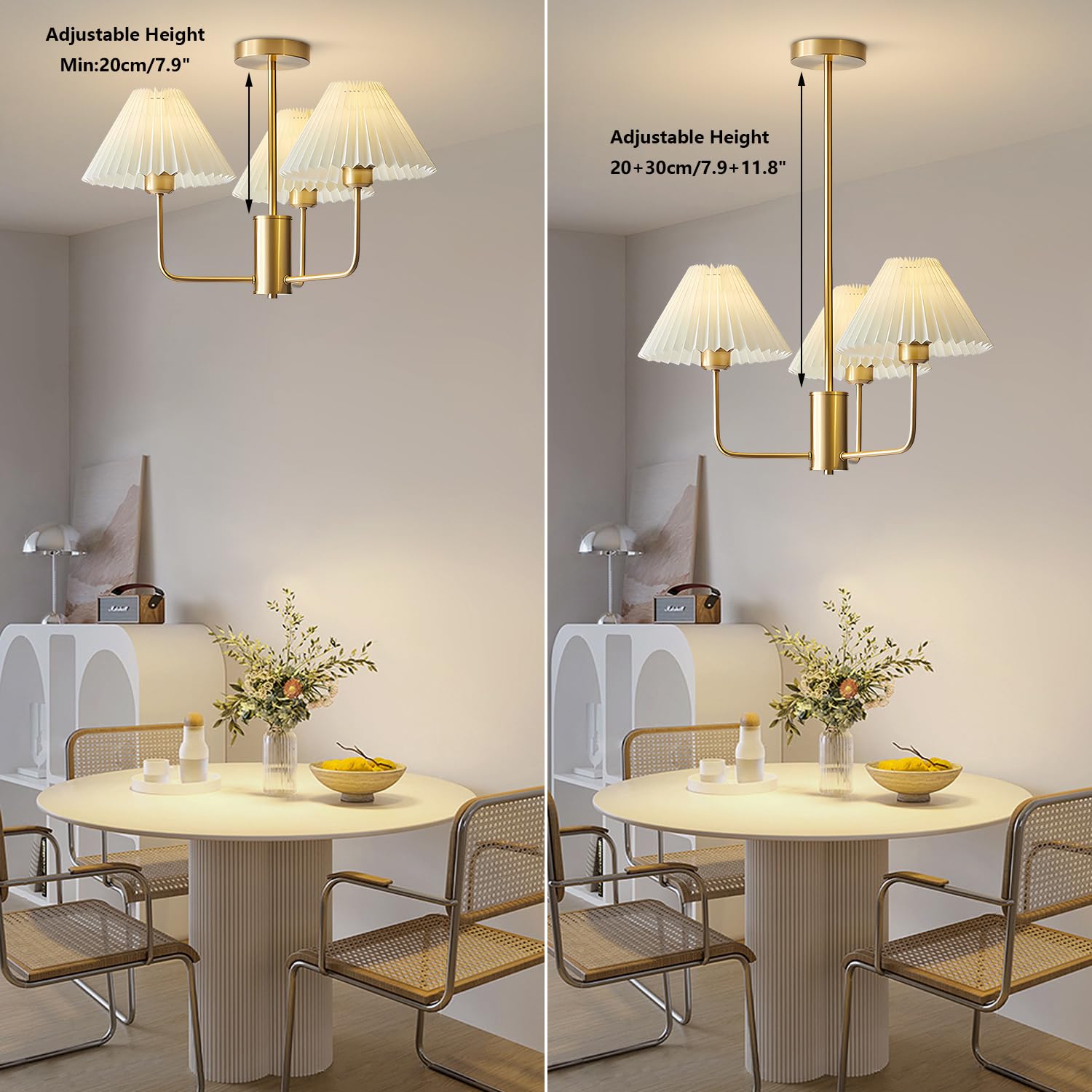 Kco Lighting 3-Lights Pleated Chandelier White Fabric Pendant Light Fixtures Mid Century Modern Gold Sputnik Chandelier Vintage