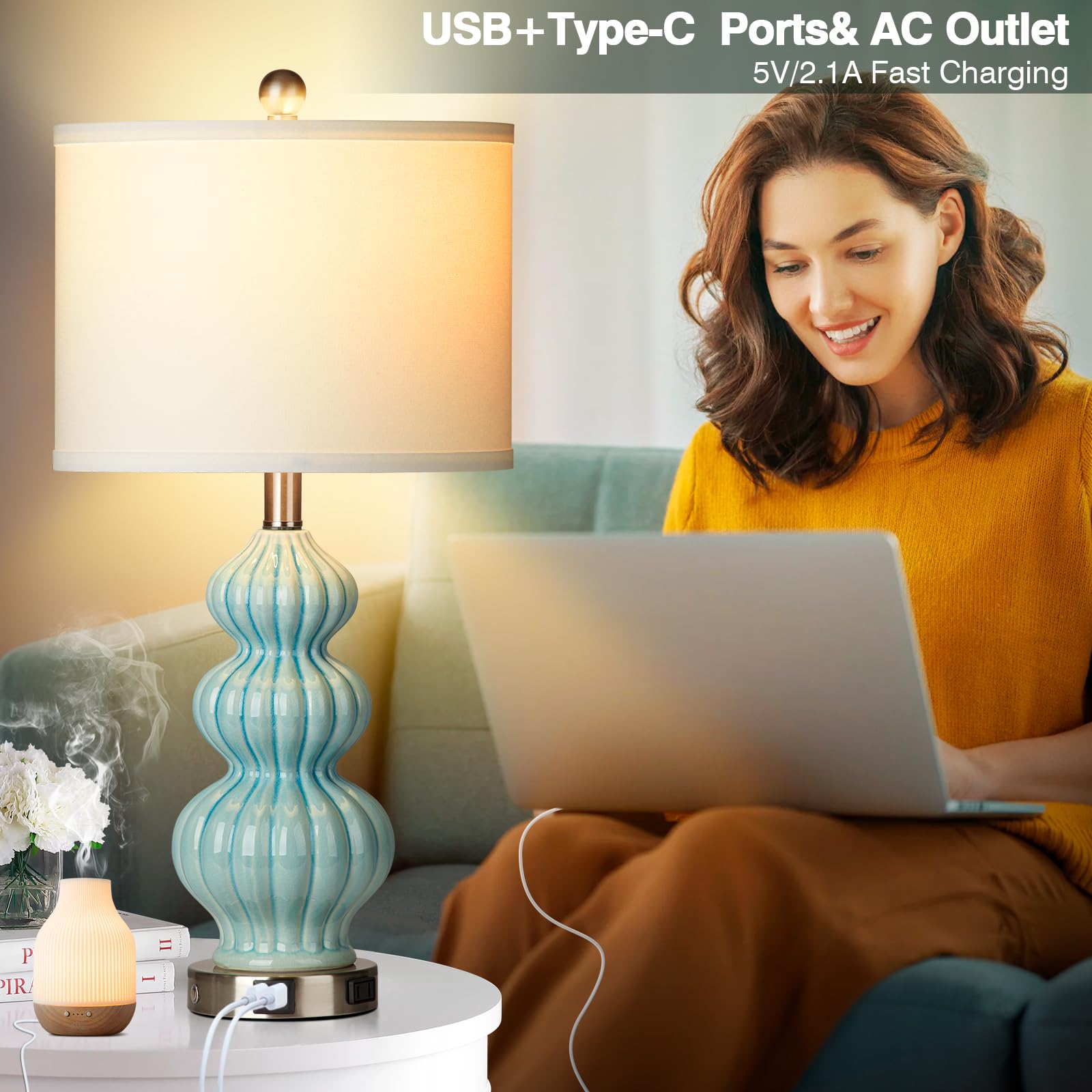 Rinweey Triple Gourd Ceramic Table Lamps Set Of 2, Modern Blue Bedside Lamps With Usb A+C Ports & Ac Outlet, 3 Way Touch Control Contemporary Nightstand Lamps For Bedroom Living Room (Bulb Included)
