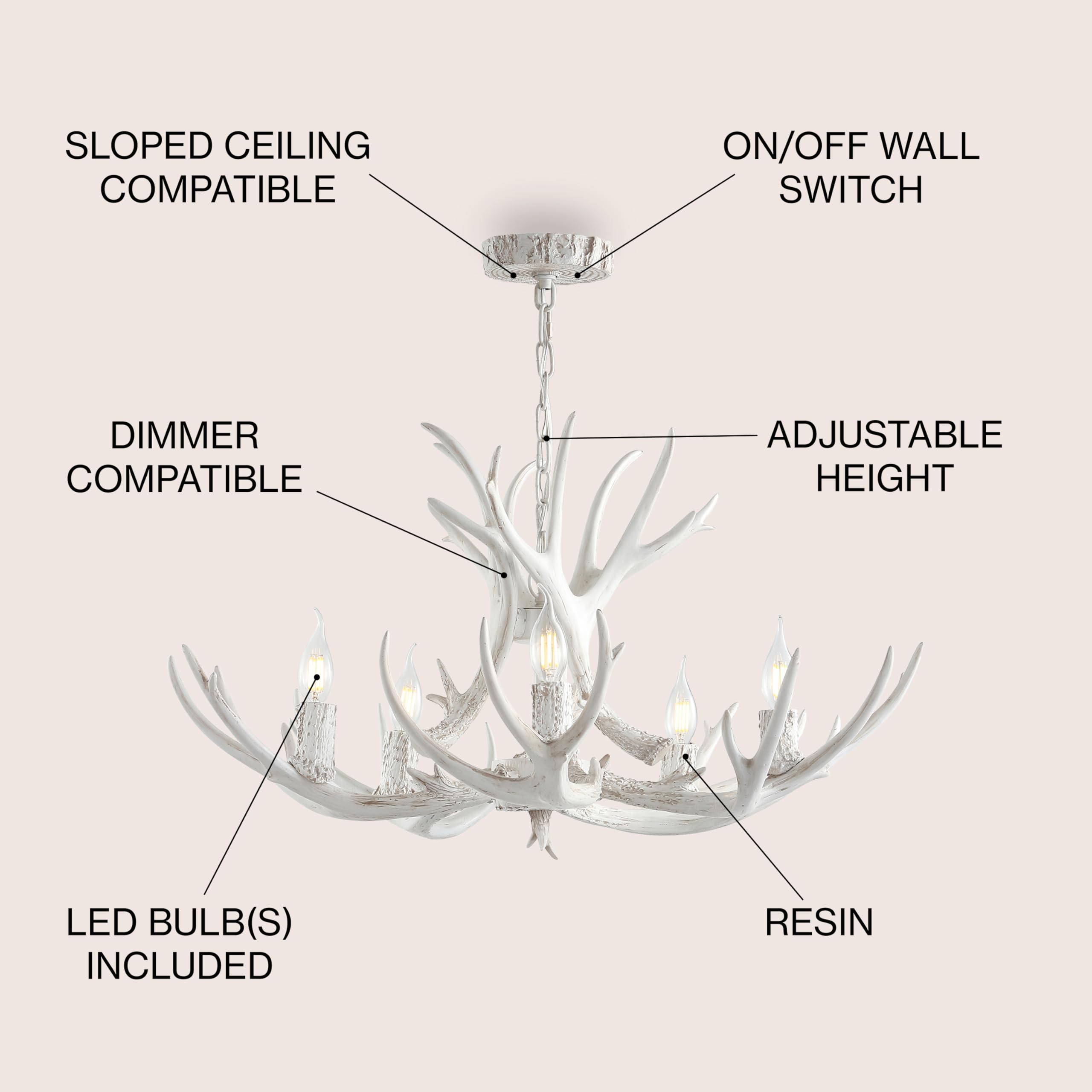 JONATHAN Y Eldora 30" Resin Antler 5-Light LED Chandelier, White, Dimmable, Glam Rustic Transitional Lighting for Dining Room, Living Room