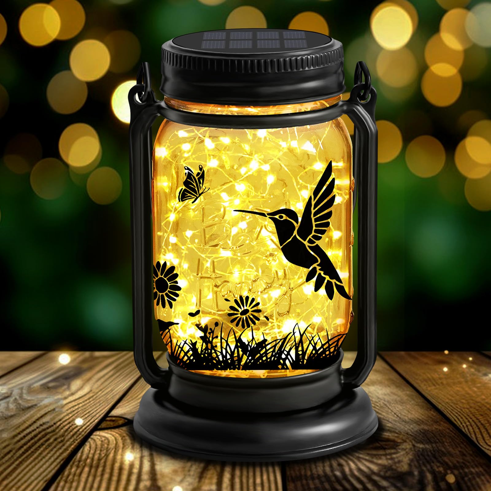 YJFWAL Hummingbird Solar Lantern - Waterproof Garden Light for Patio, Yard, Porch, Brown, Mason Jar Design, Model: fugumeisen-1P