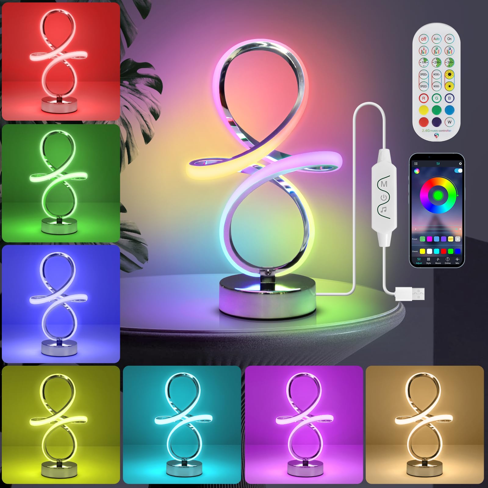 Modern RGB Table Lamps, LED Spiral Table Lamp, Silver Bedside Lamp with Remote&APP, Multicolor Changing Nightstand Lamp with Mus