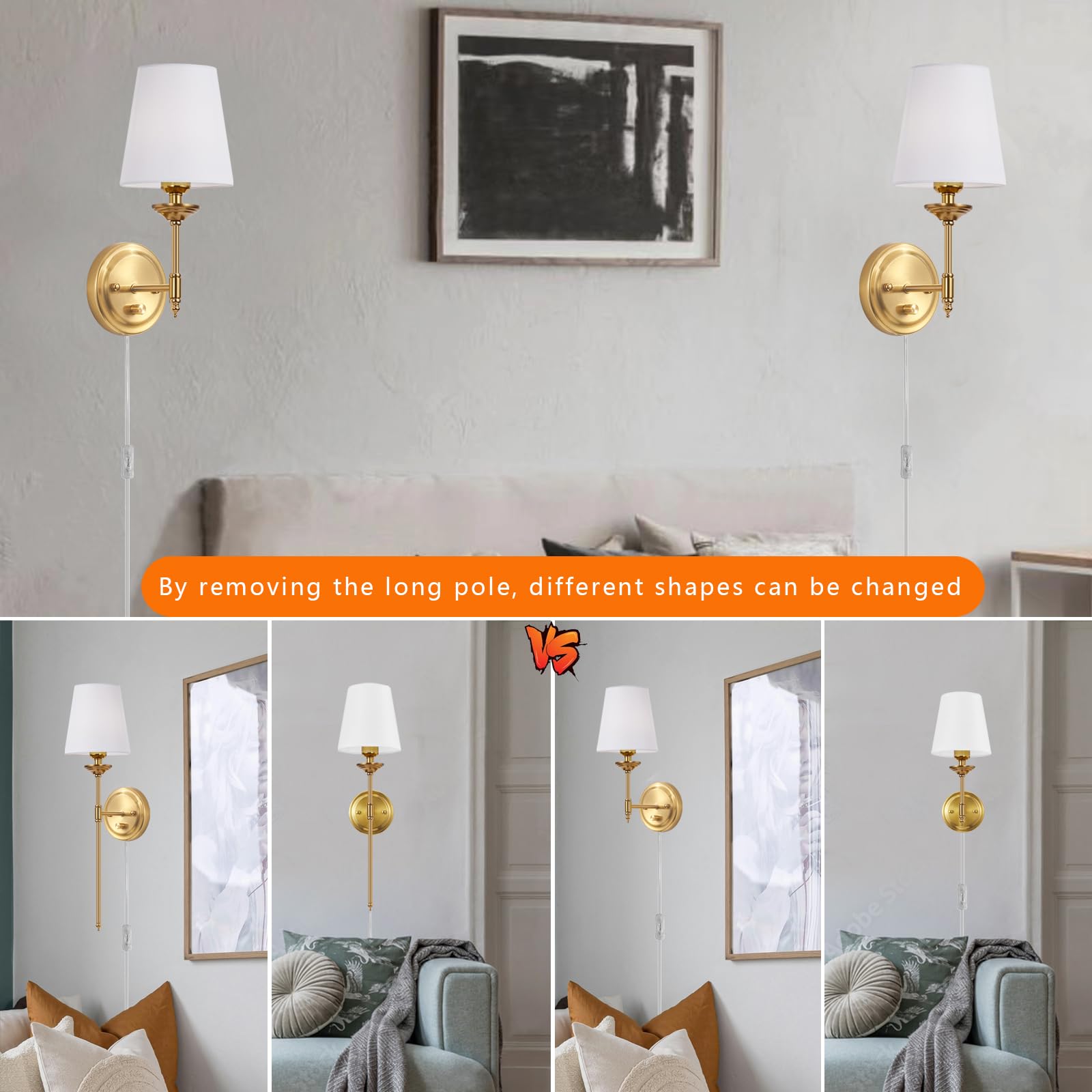 femusytt Dimmable Wall Sconces Set of Two, 6.5FT Cord, Brushed Brass, Mid Century Modern, Plug in/Hardwire, Gold, Model FE-MUS