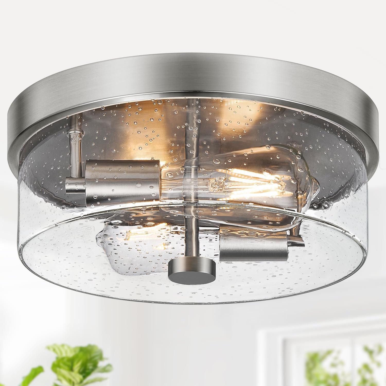 Flush Mount Ceiling Light Fixtures, 2-Light 12 Inch Brushed Nickel Close to Ceiling Light Fixtures with Seeded Glass Shade Ceili